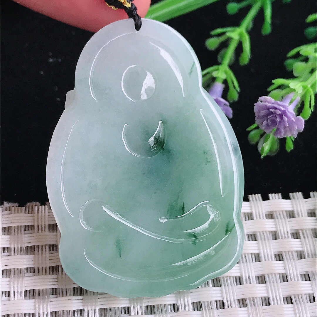 实拍A货翡翠49/35.2/5.6老坑冰润起胶飘花虚空藏菩萨吊坠翡翠玉牌挂件