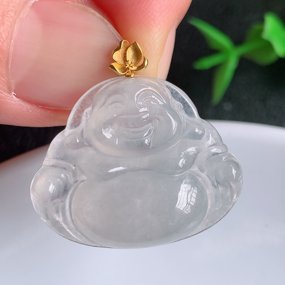 18k金扣冰润佛公挂件 玉质细腻  精雕弥勒佛，笑佛福耳垂肩，面相喜庆，开怀大笑，憨态可掬。惟妙惟肖，寓意福禄双全，吉祥美满，笑口常开 W141.8 尺寸：21-26.5-5.5mm