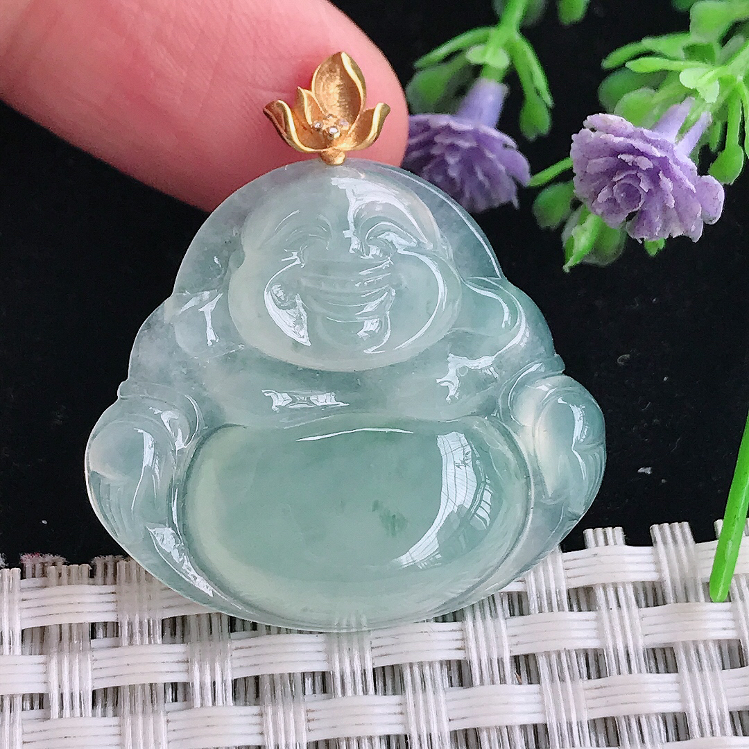 实拍A货翡翠28.5/31.6/5.9老坑18k金镶嵌冰种冰晴佛公吊坠翡翠玉佛挂件