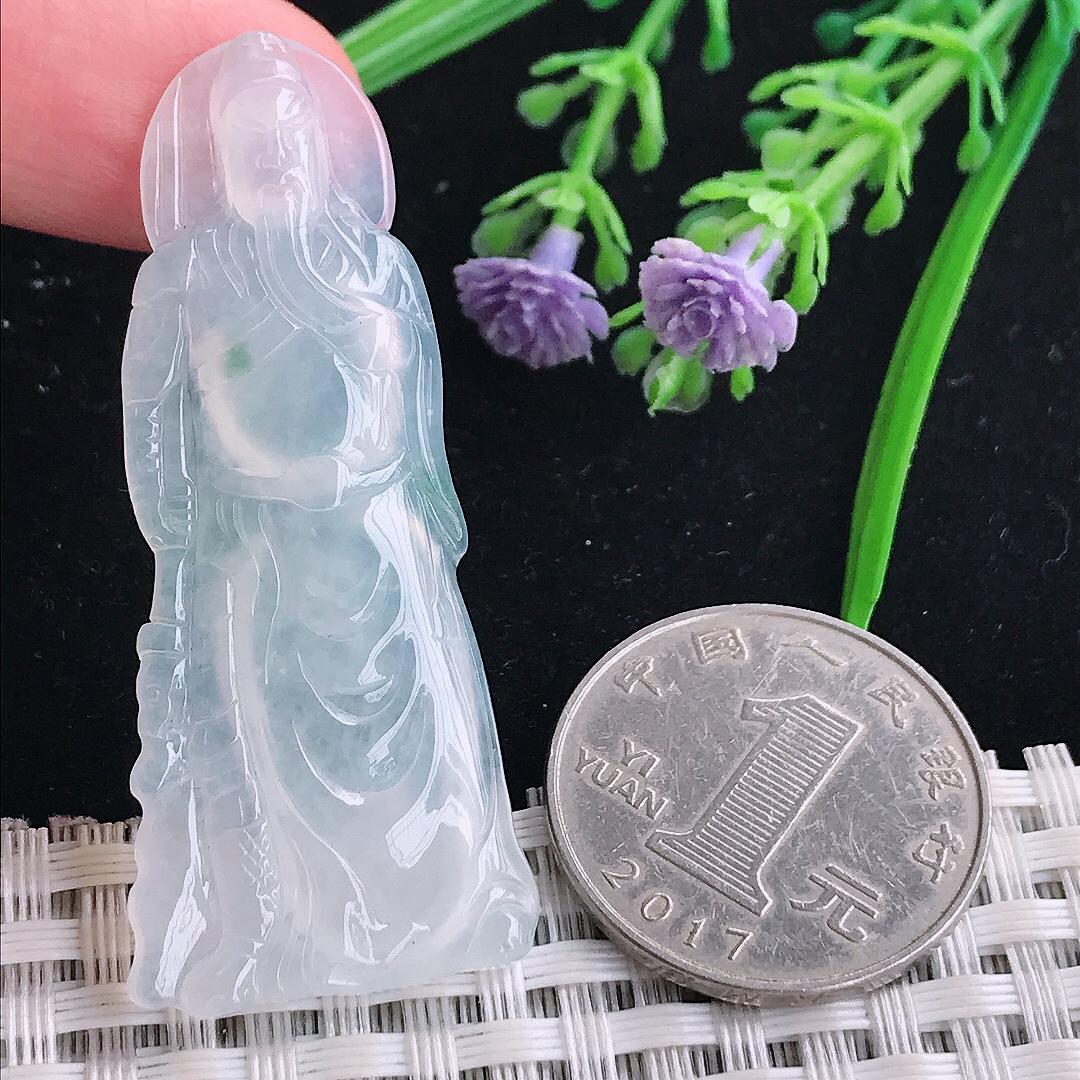 实拍A货翡翠51.5/22/4.5老坑冰种起胶关公吊坠翡翠玉牌挂件