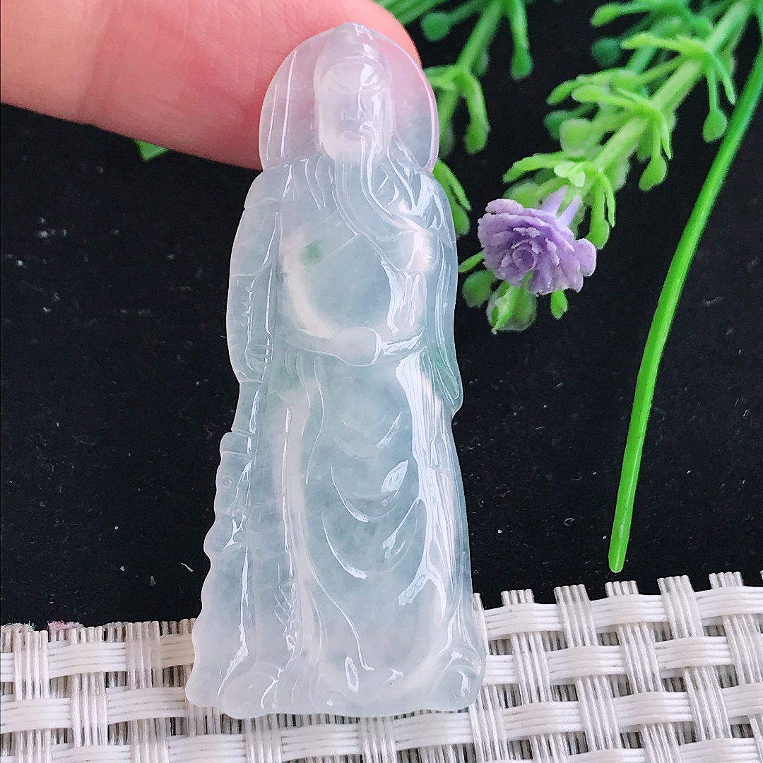 实拍A货翡翠51.5/22/4.5老坑冰种起胶关公吊坠翡翠玉牌挂件