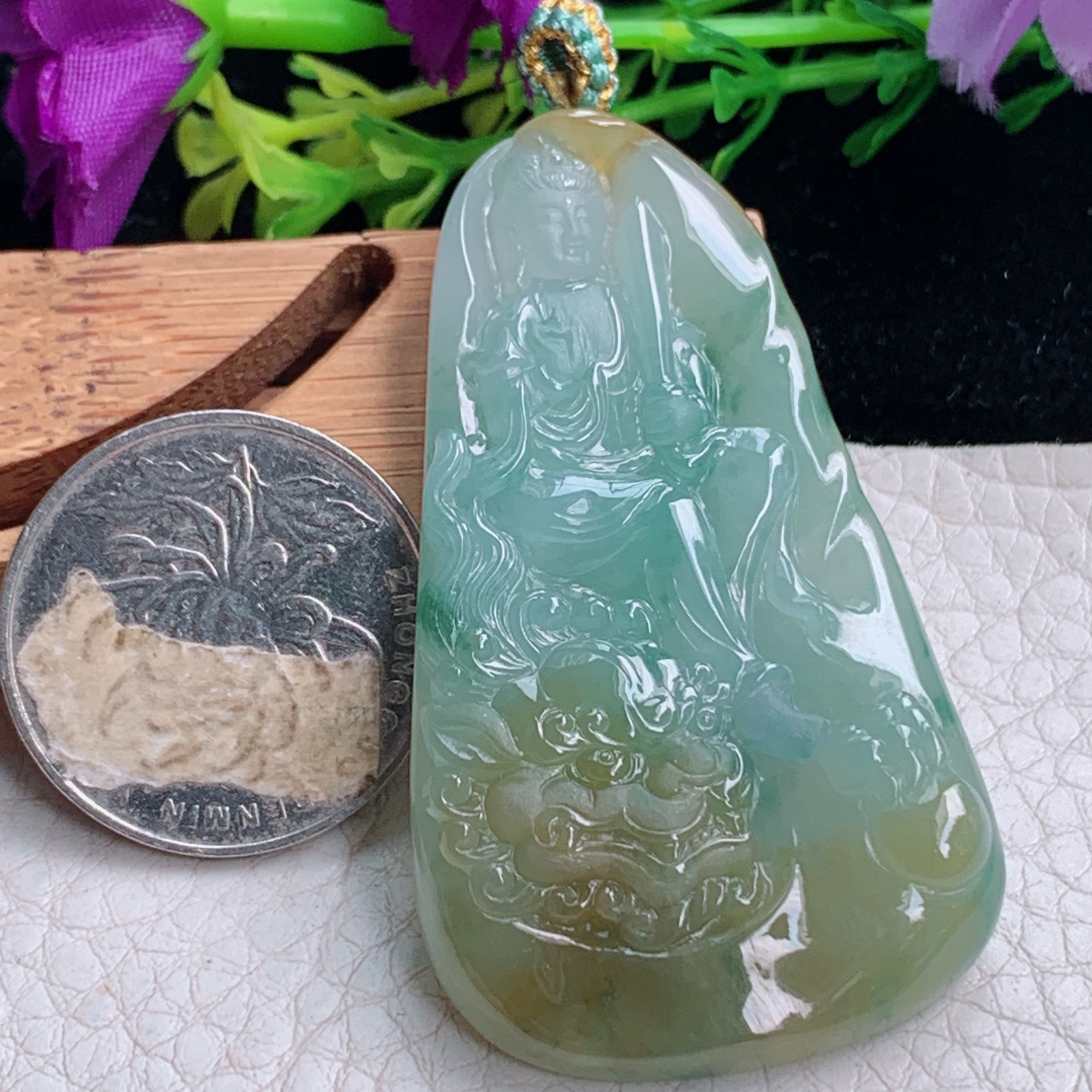 yn实拍54.2*31.2*7.5天然缅甸翡翠a货冰双彩文殊菩萨玉吊坠