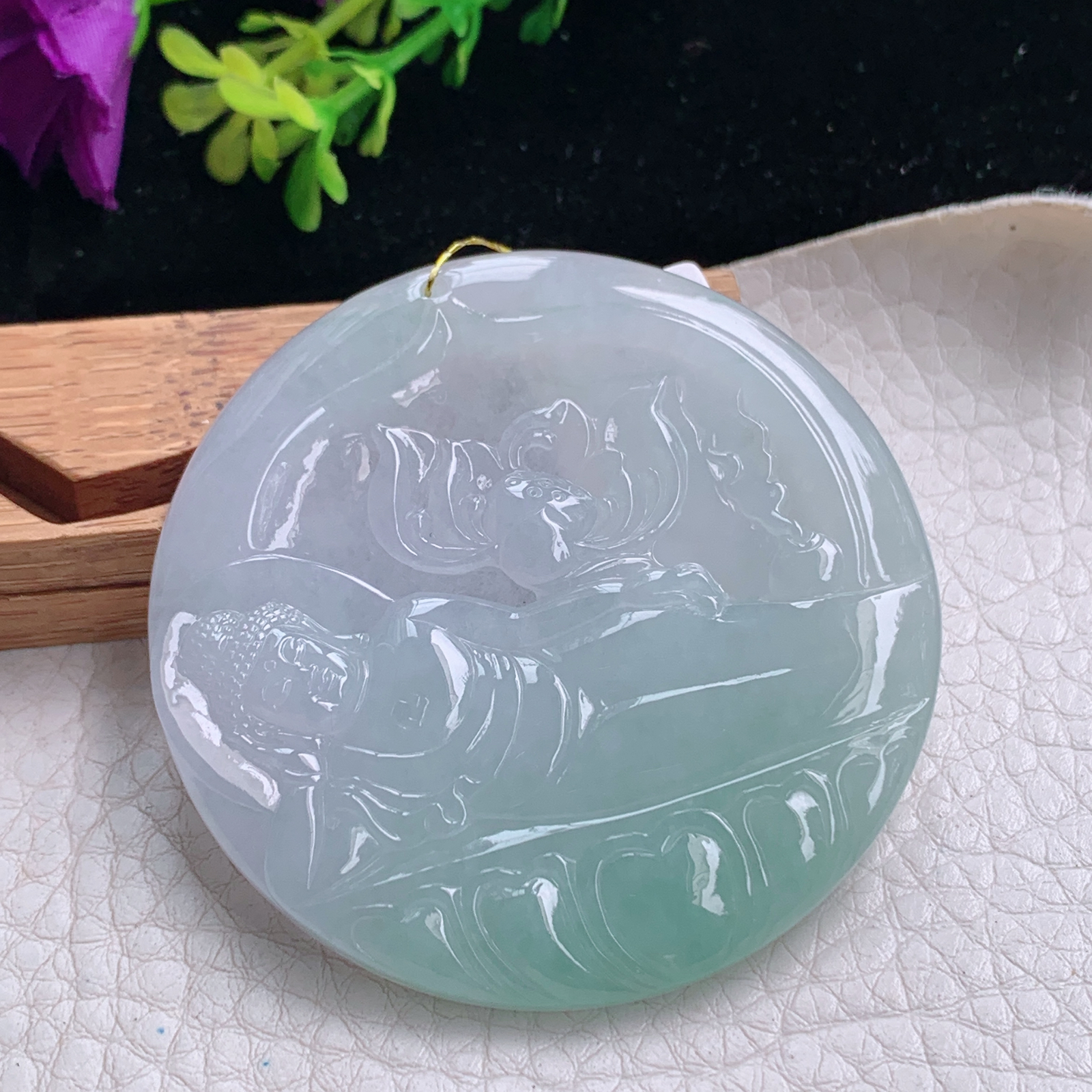 Xj实拍54*5.3天然缅甸翡翠冰透花开见佛吊坠 卧佛祖玉坠