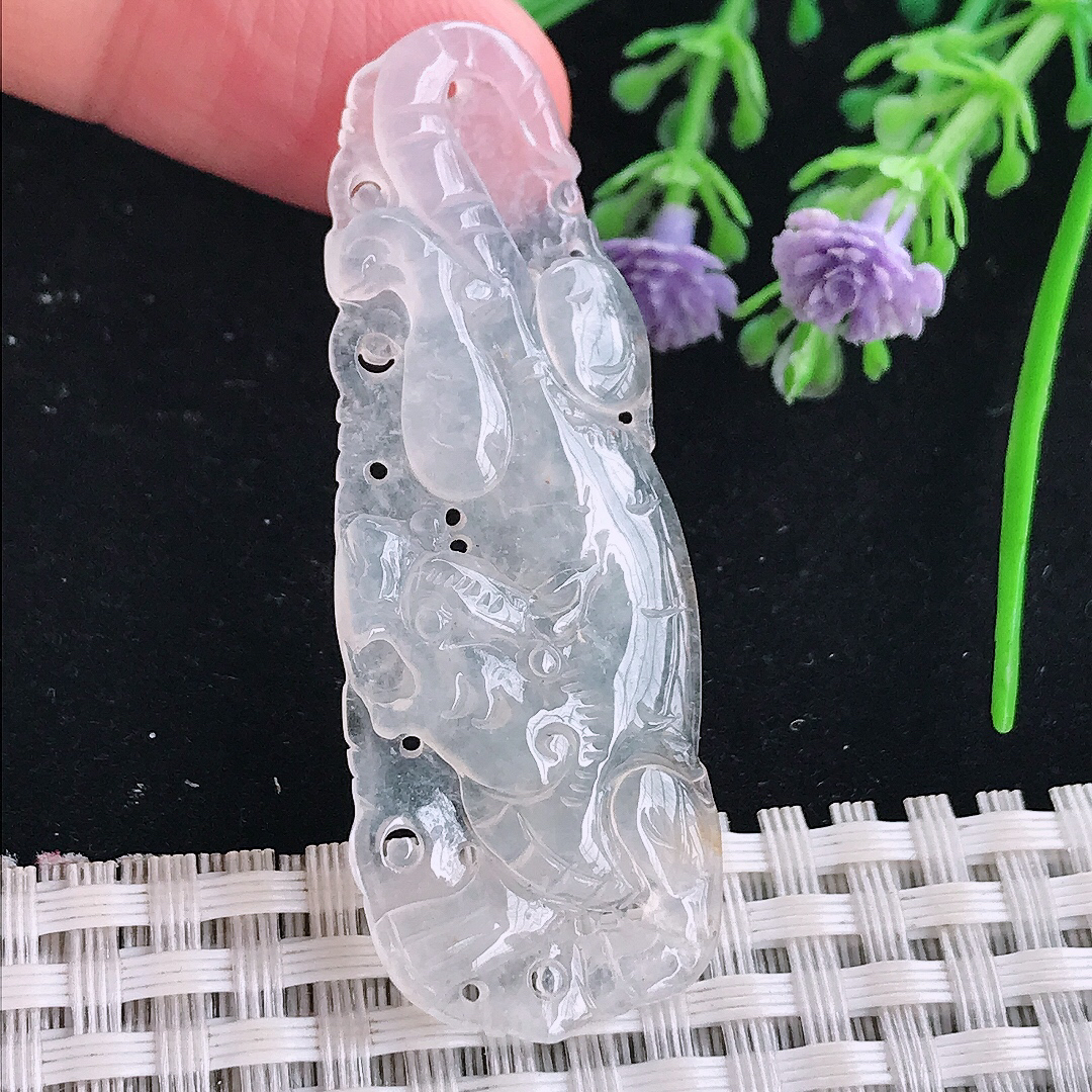 实拍A货翡翠53.5/19.5/5老坑冰种起光下山虎虎牌吊坠翡翠玉牌挂件