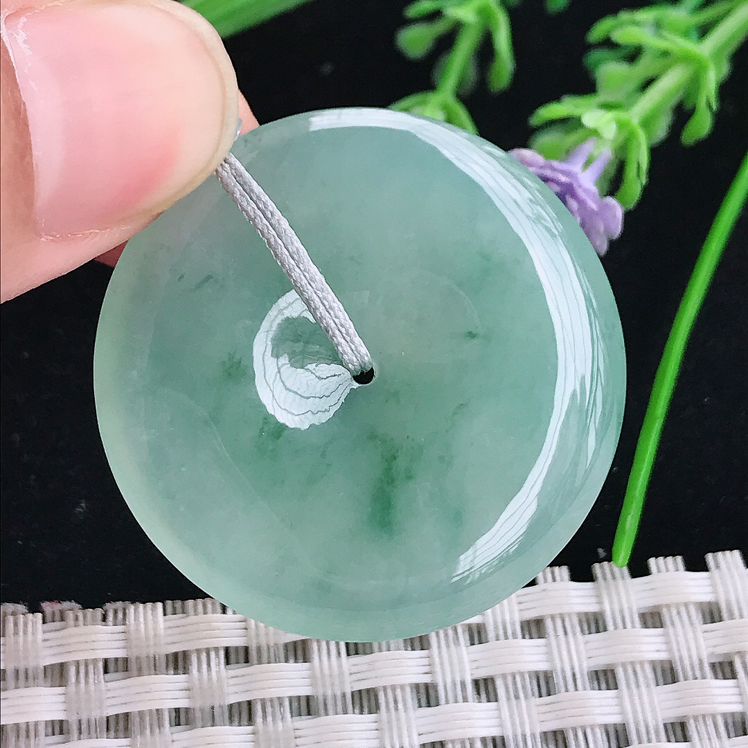 实拍A货翡翠34.2/6老坑冰胶果冻冰飘花平安扣吊坠飘花翡翠玉扣