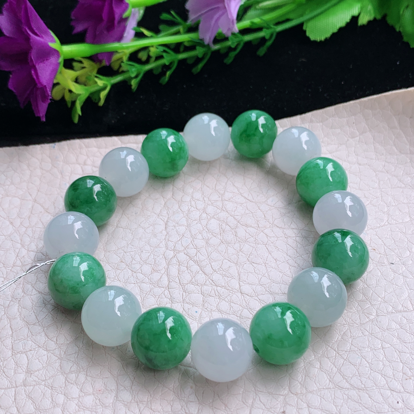 qxm天然缅甸翡翠a货冰双彩13mm圆珠玉手链 玉手串