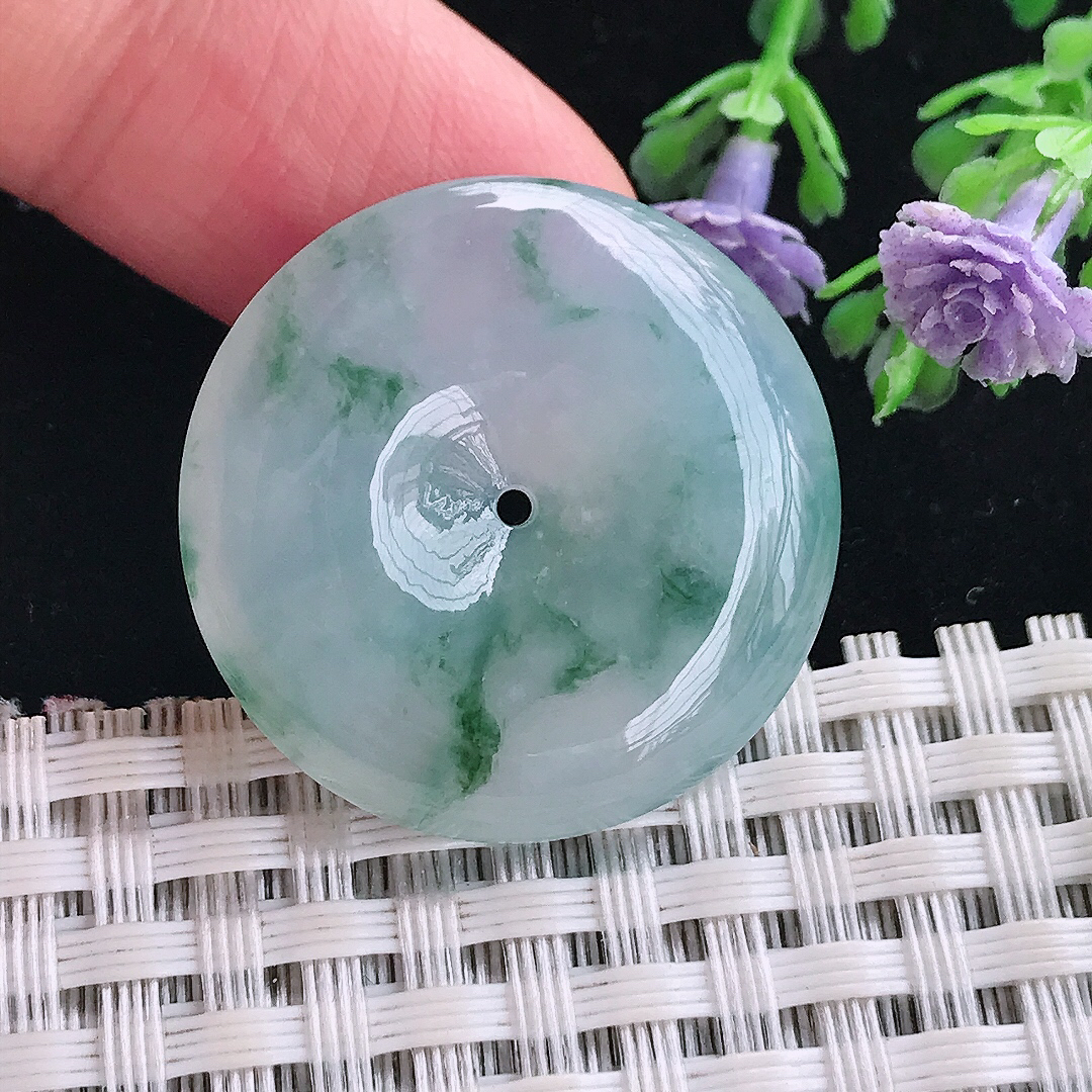 实拍A货翡翠27.8/5.8老坑冰胶果冻飘花平安扣吊坠翡翠玉扣挂件