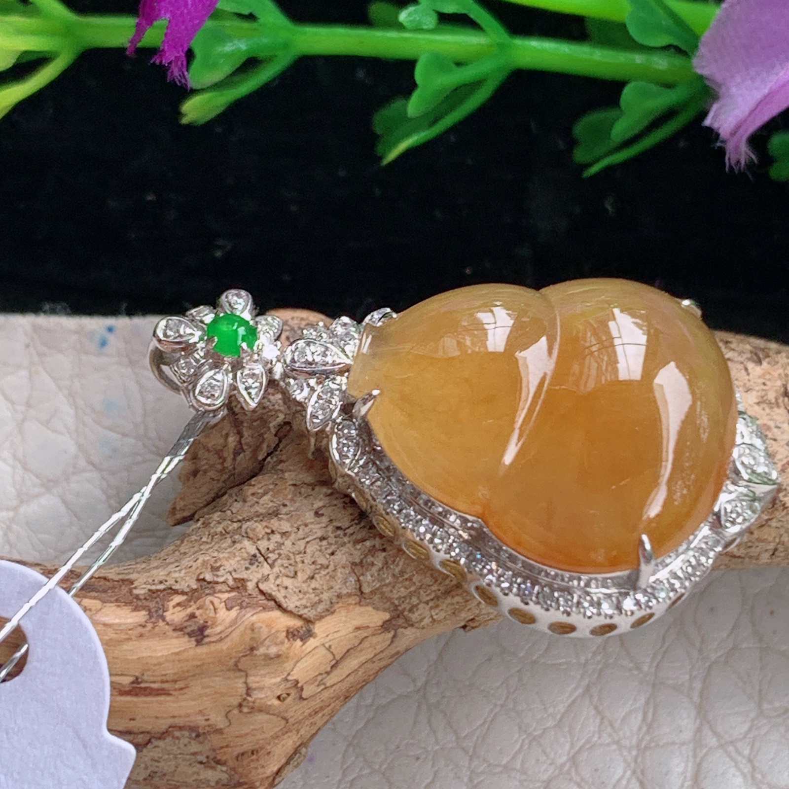 Xqa实拍29.2*17.8*8天然缅甸翡翠冰黄饱满葫芦玉吊坠 玉坠镶18k金扣