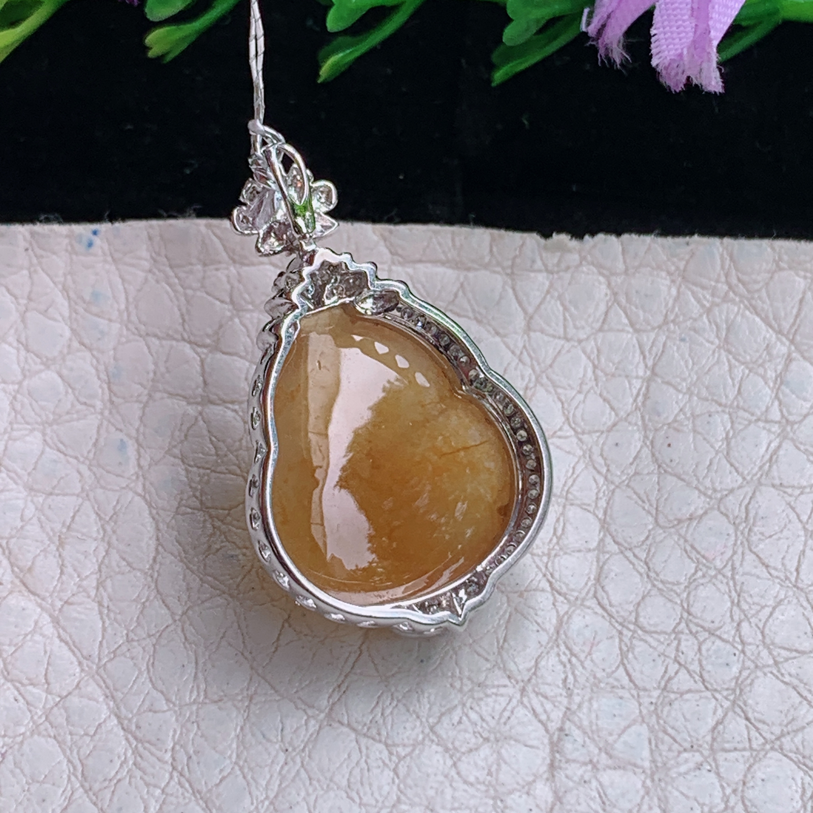 Xqa实拍29.2*17.8*8天然缅甸翡翠冰黄饱满葫芦玉吊坠 玉坠镶18k金扣