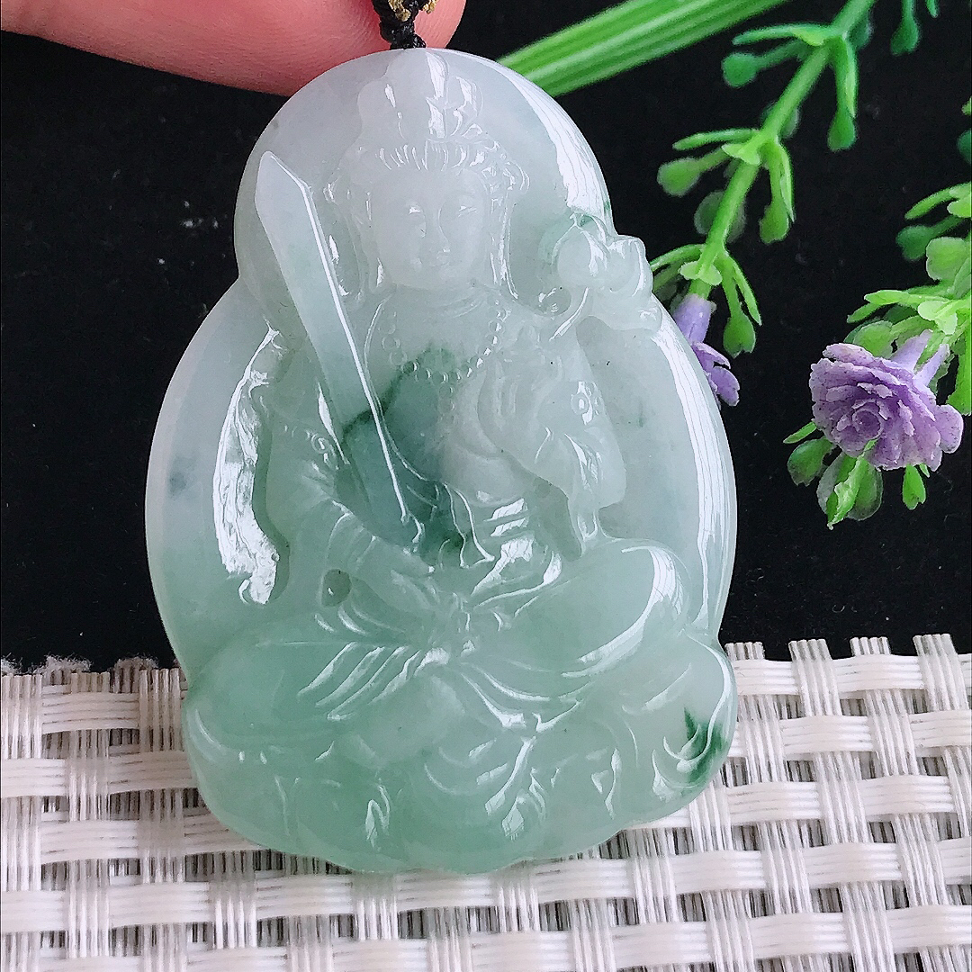 实拍A货翡翠49/35.2/5.6老坑冰润起胶飘花虚空藏菩萨吊坠翡翠玉牌挂件