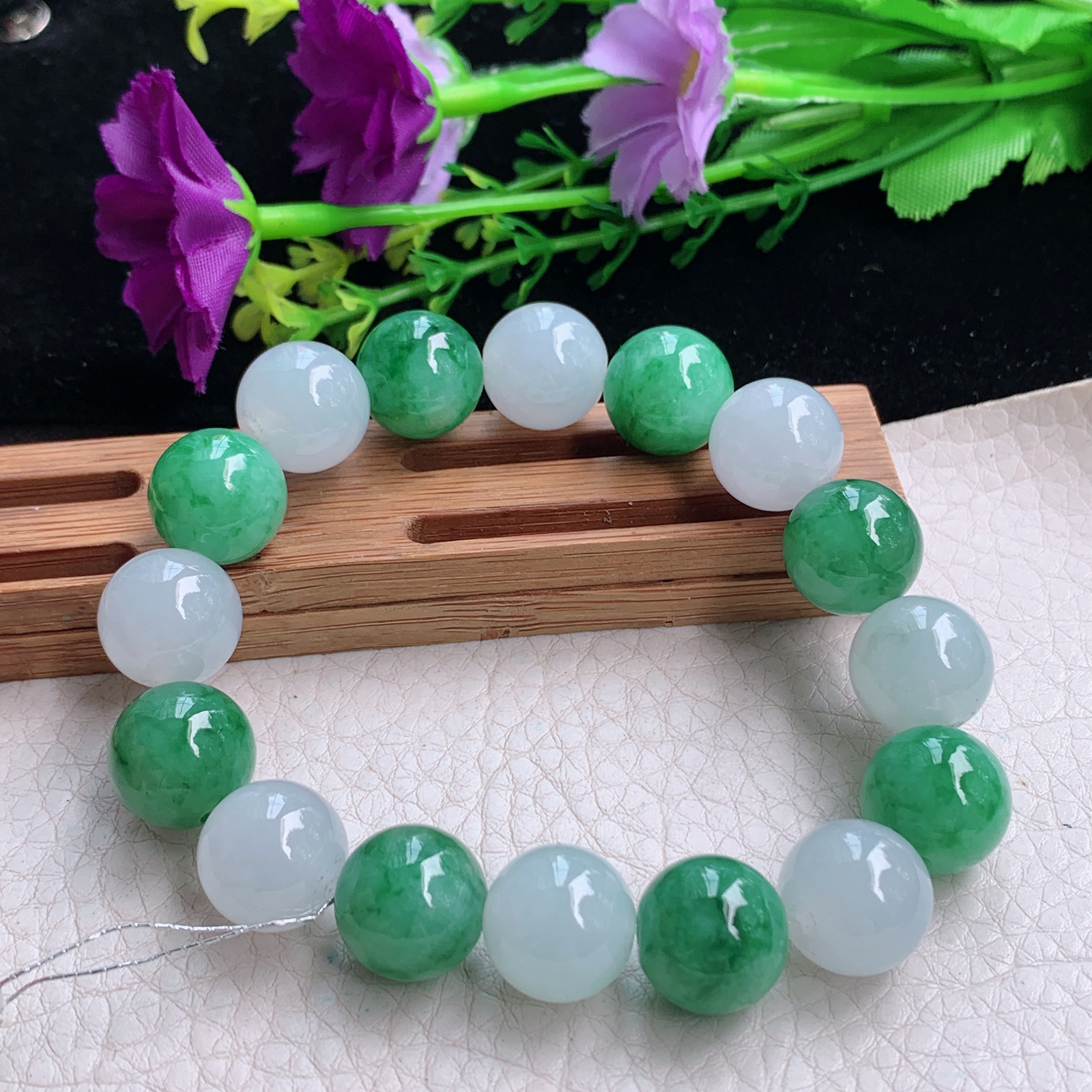 qxm天然缅甸翡翠a货冰双彩13mm圆珠玉手链 玉手串