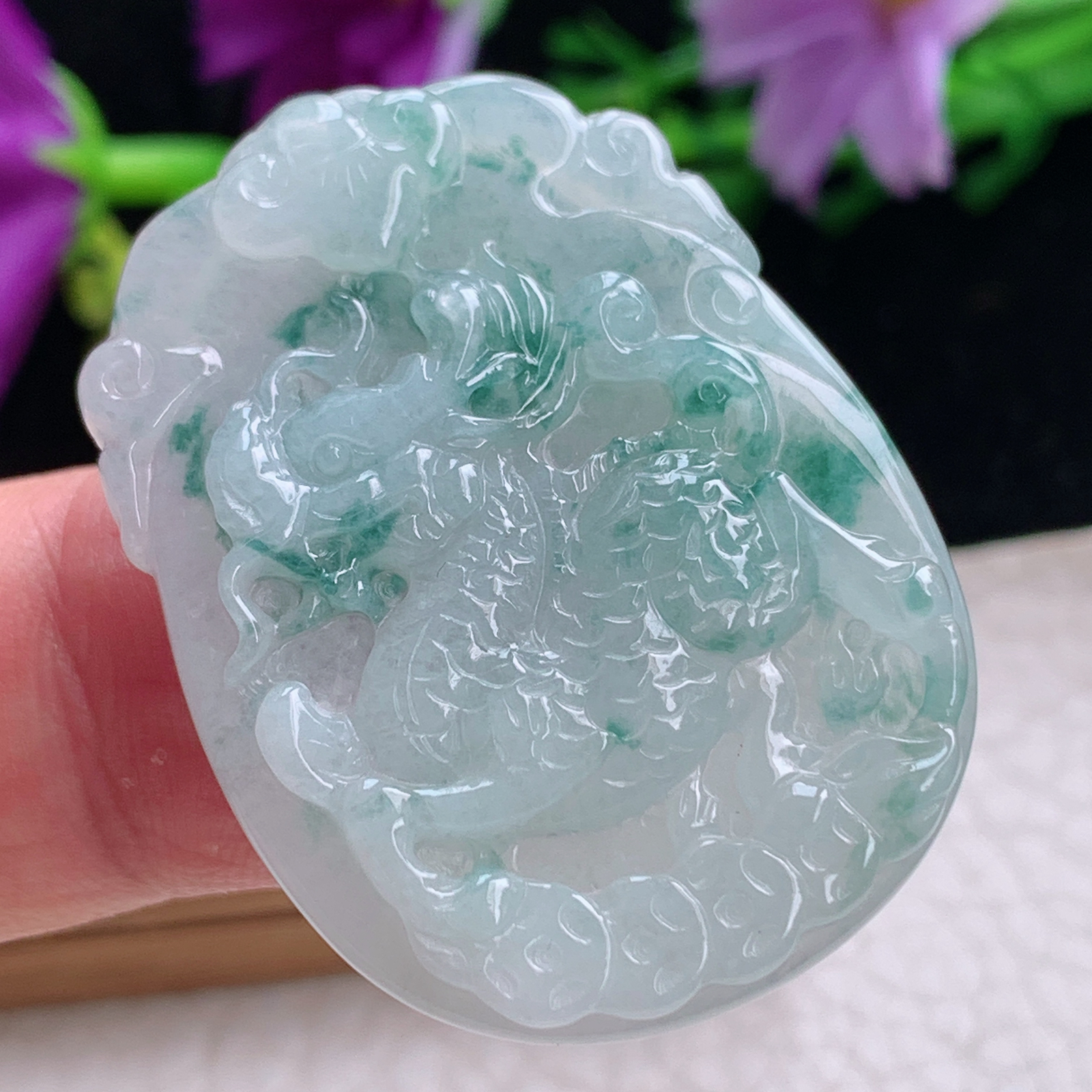 yn实拍39.8*29.2*5天然缅甸翡翠a货冰飘花生意兴隆 龙牌玉吊坠