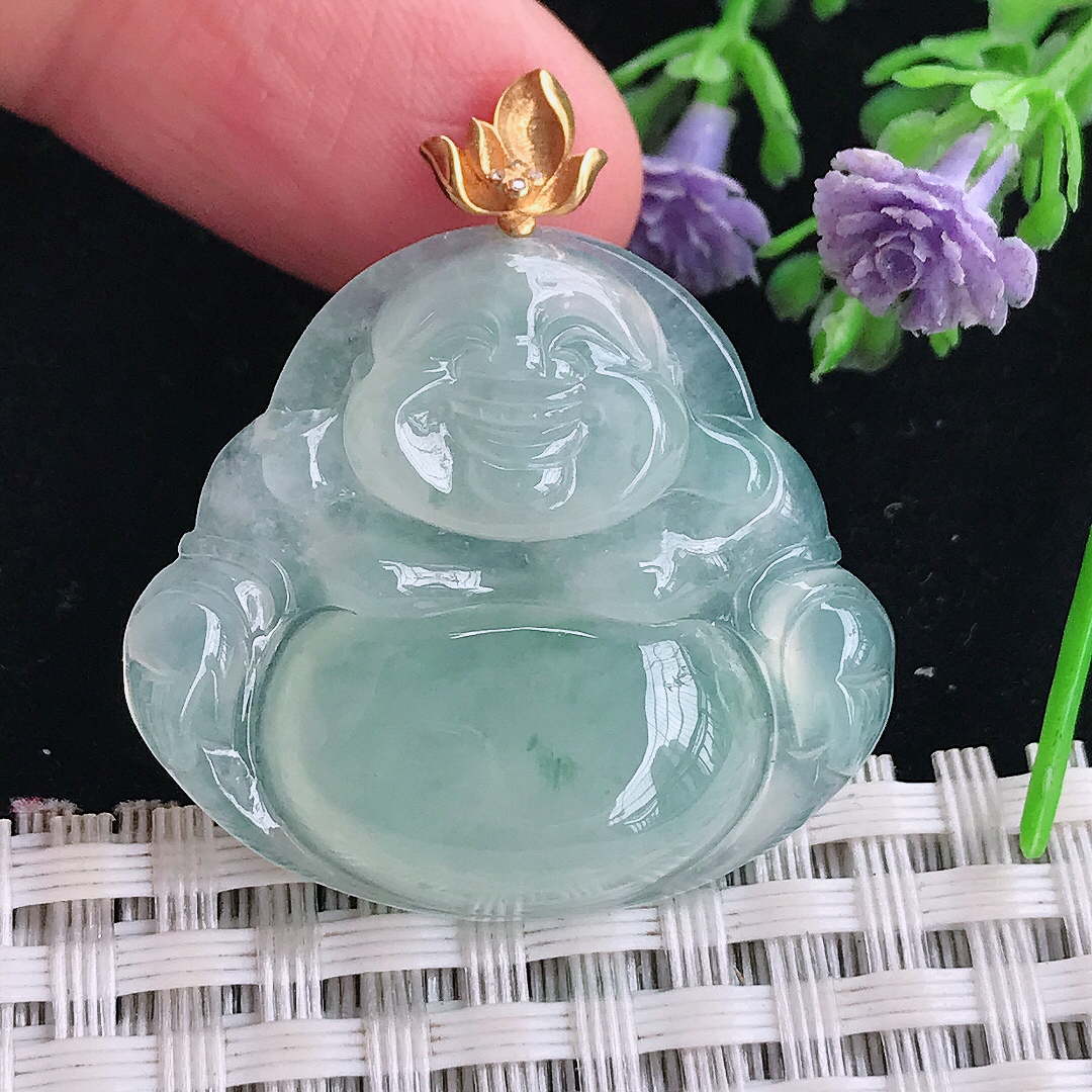 实拍A货翡翠28.5/31.6/5.9老坑18k金镶嵌冰种冰晴佛公吊坠翡翠玉佛挂件