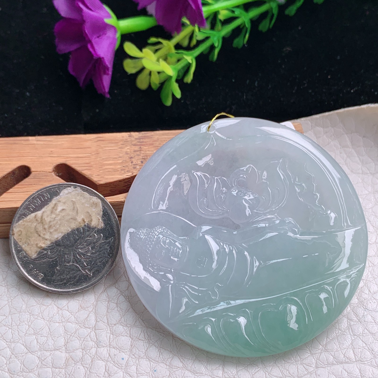 Xj实拍54*5.3天然缅甸翡翠冰透花开见佛吊坠 卧佛祖玉坠