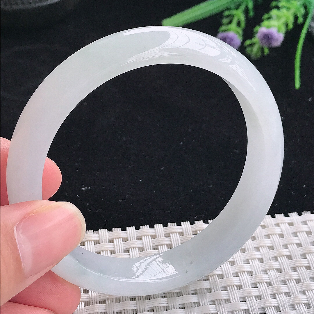 实拍A货翡翠56.8/12.6/7.6老坑秀气冰透白月光手镯宽边玉镯平安镯美人镯