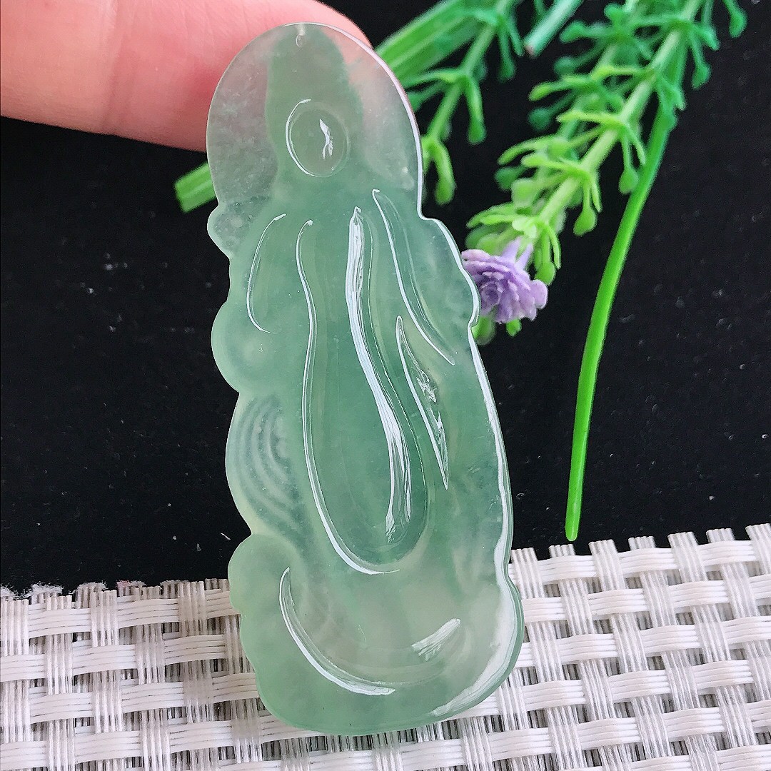 实拍A货翡翠64.8/26.6/6老坑冰种冰晴满甜绿赐福观音吊坠翡翠玉观音挂件