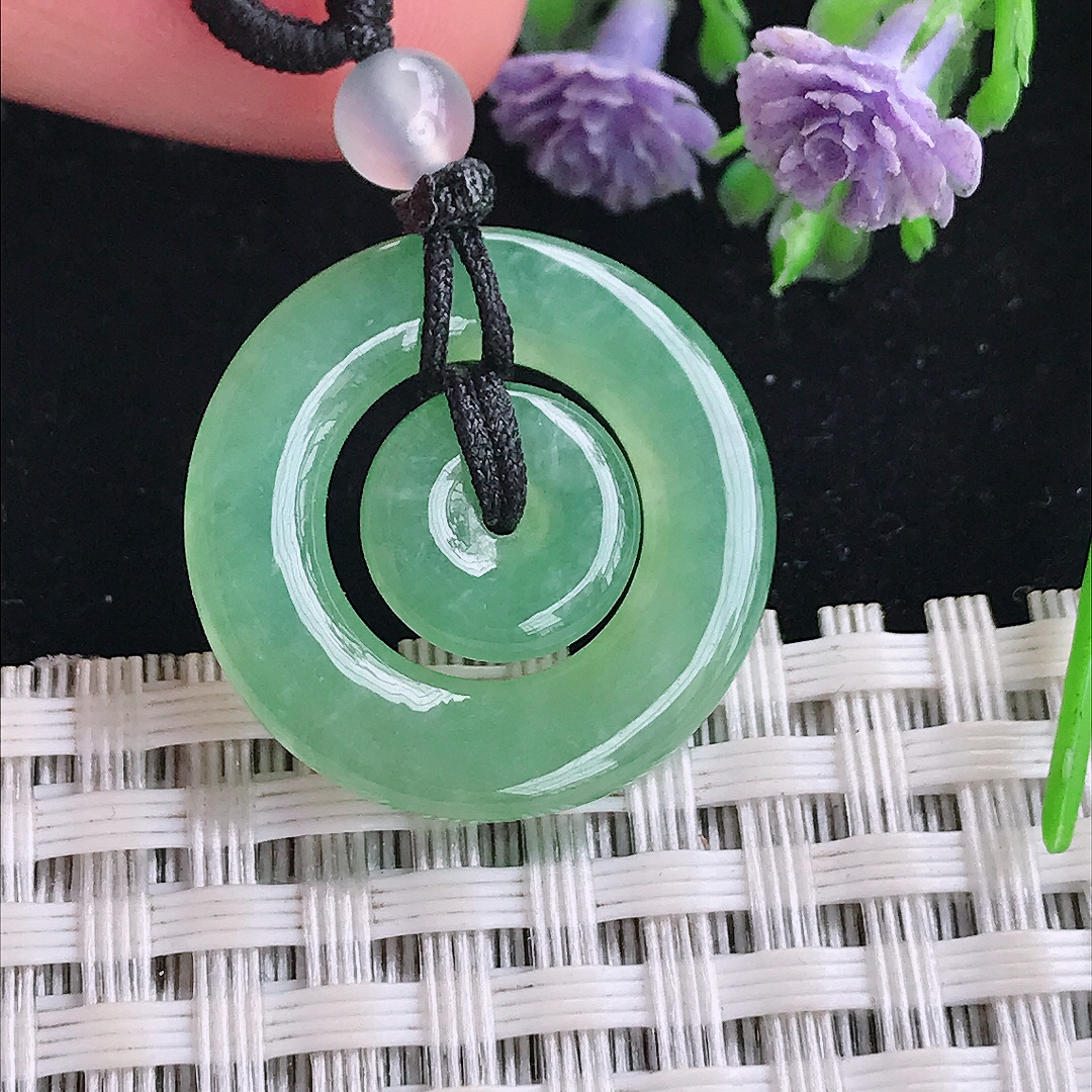 实拍A货翡翠22.5/3.2老坑冰胶水灵满甜绿母子扣吊坠翡翠平安扣挂件