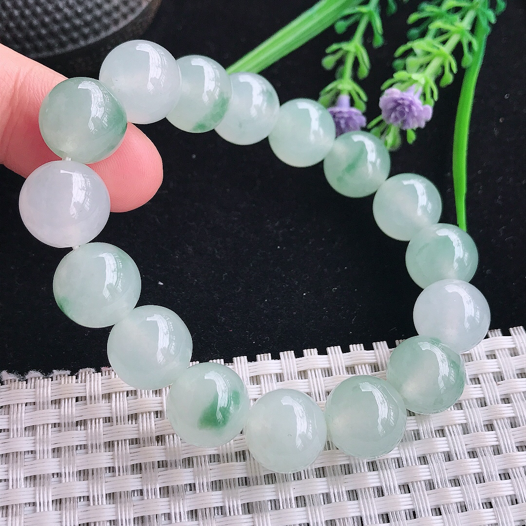 实拍A货翡翠12.8/16颗老坑冰胶果冻冰飘花圆珠手链吊坠翡翠玉珠珠链