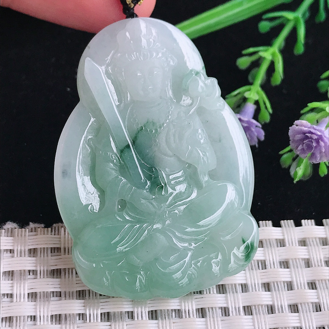 实拍A货翡翠49/35.2/5.6老坑冰润起胶飘花虚空藏菩萨吊坠翡翠玉牌挂件