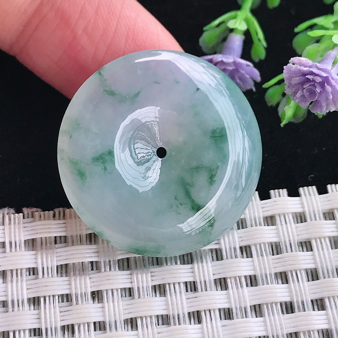 实拍A货翡翠27.8/5.8老坑冰胶果冻飘花平安扣吊坠翡翠玉扣挂件