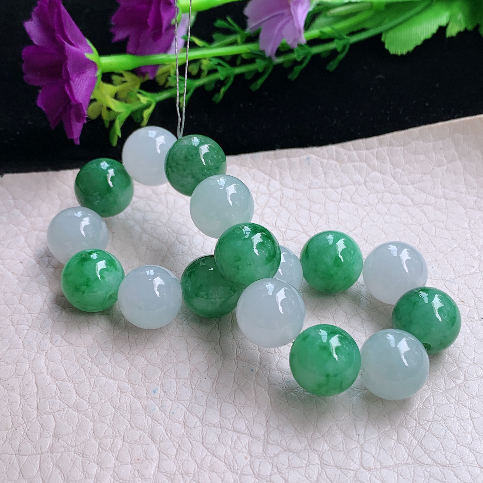 qxm天然缅甸翡翠a货冰双彩13mm圆珠玉手链 玉手串