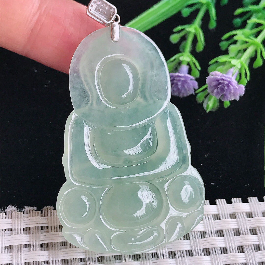 实拍A货翡翠52/34.8/5.3老坑18k金镶嵌冰胶冰晴绿正装观音吊坠翡翠玉观音