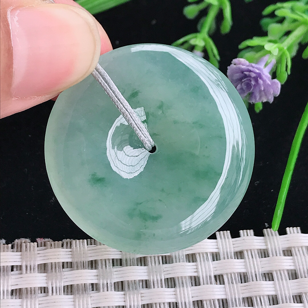 实拍A货翡翠34.2/6老坑冰胶果冻冰飘花平安扣吊坠飘花翡翠玉扣