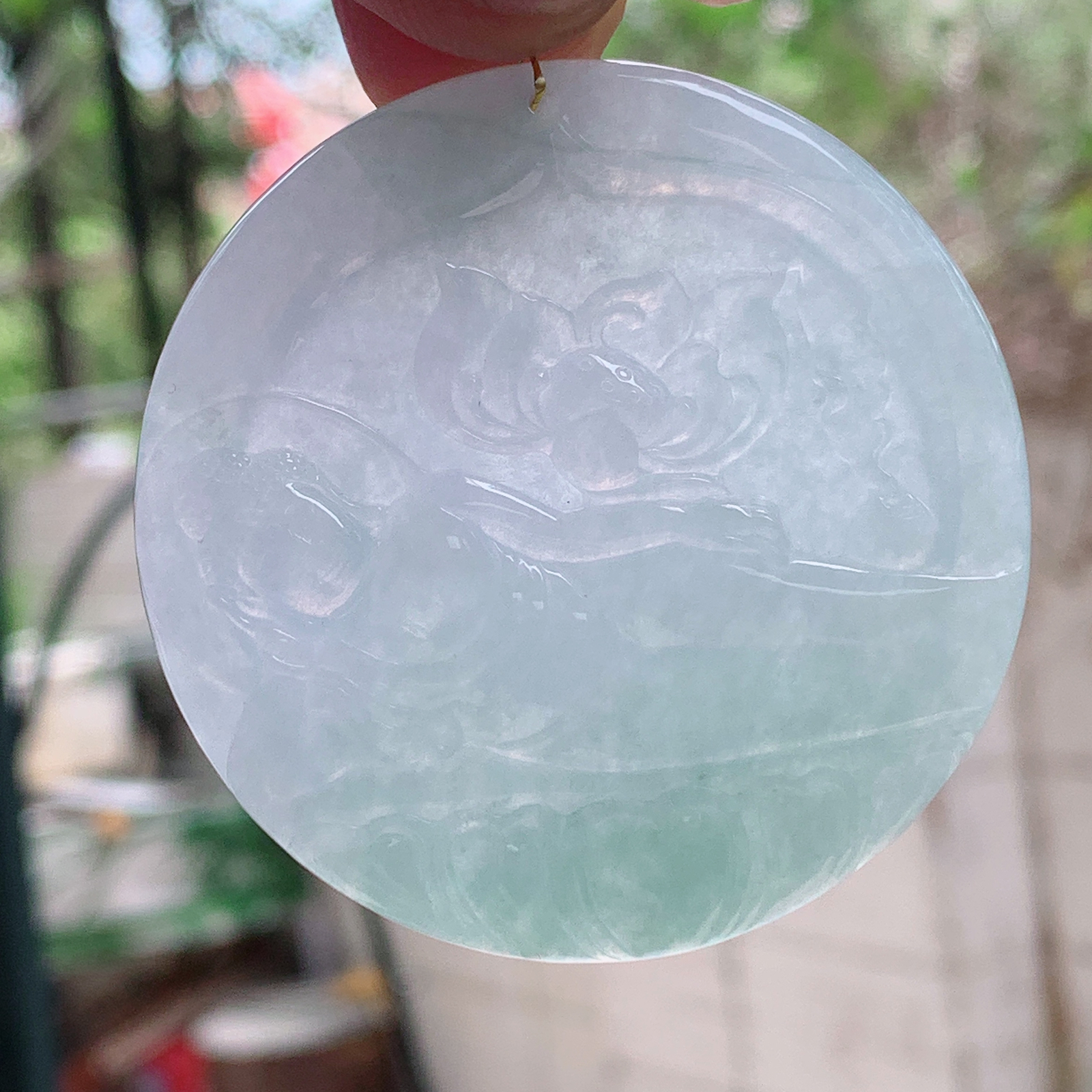 Xj实拍54*5.3天然缅甸翡翠冰透花开见佛吊坠 卧佛祖玉坠