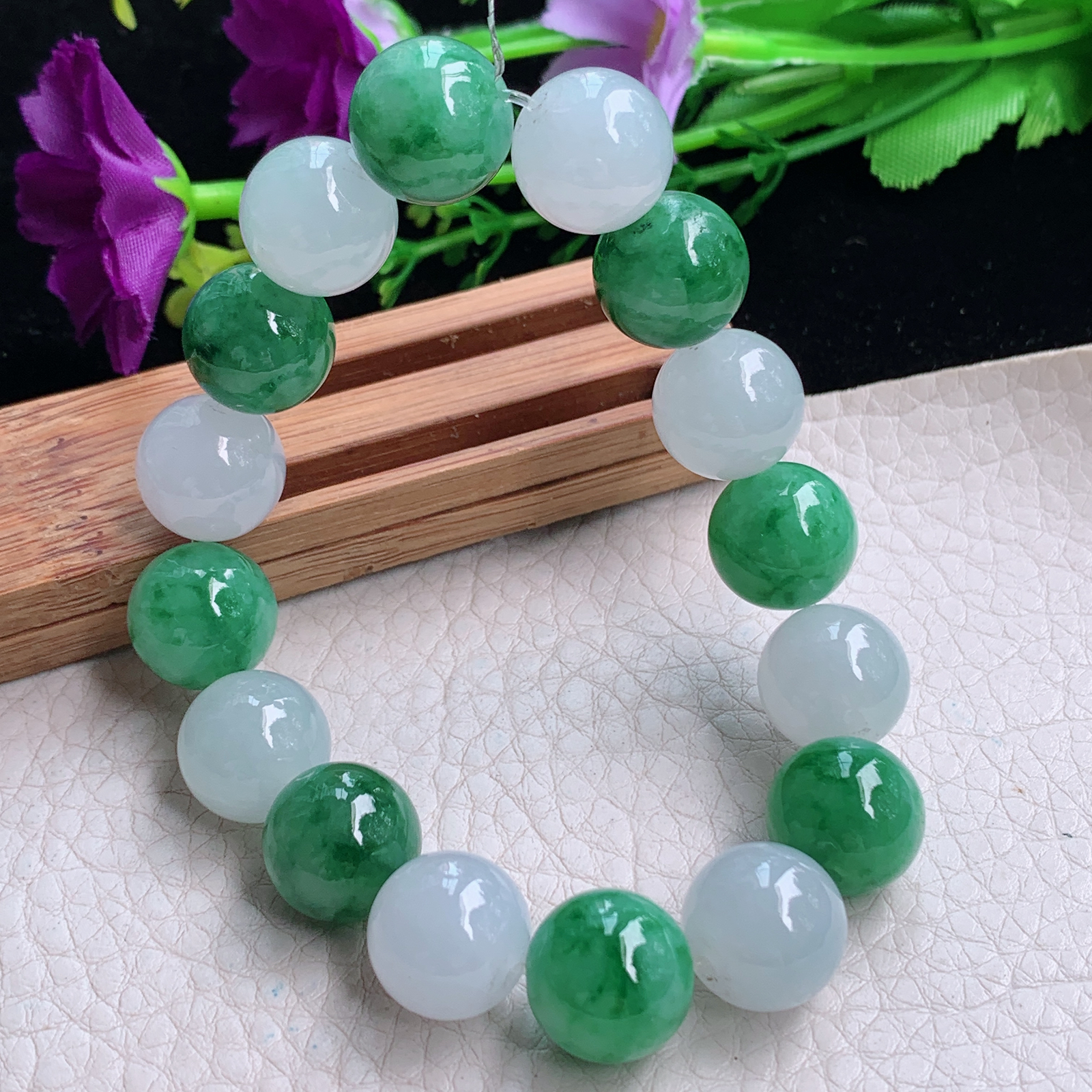 qxm天然缅甸翡翠a货冰双彩13mm圆珠玉手链 玉手串