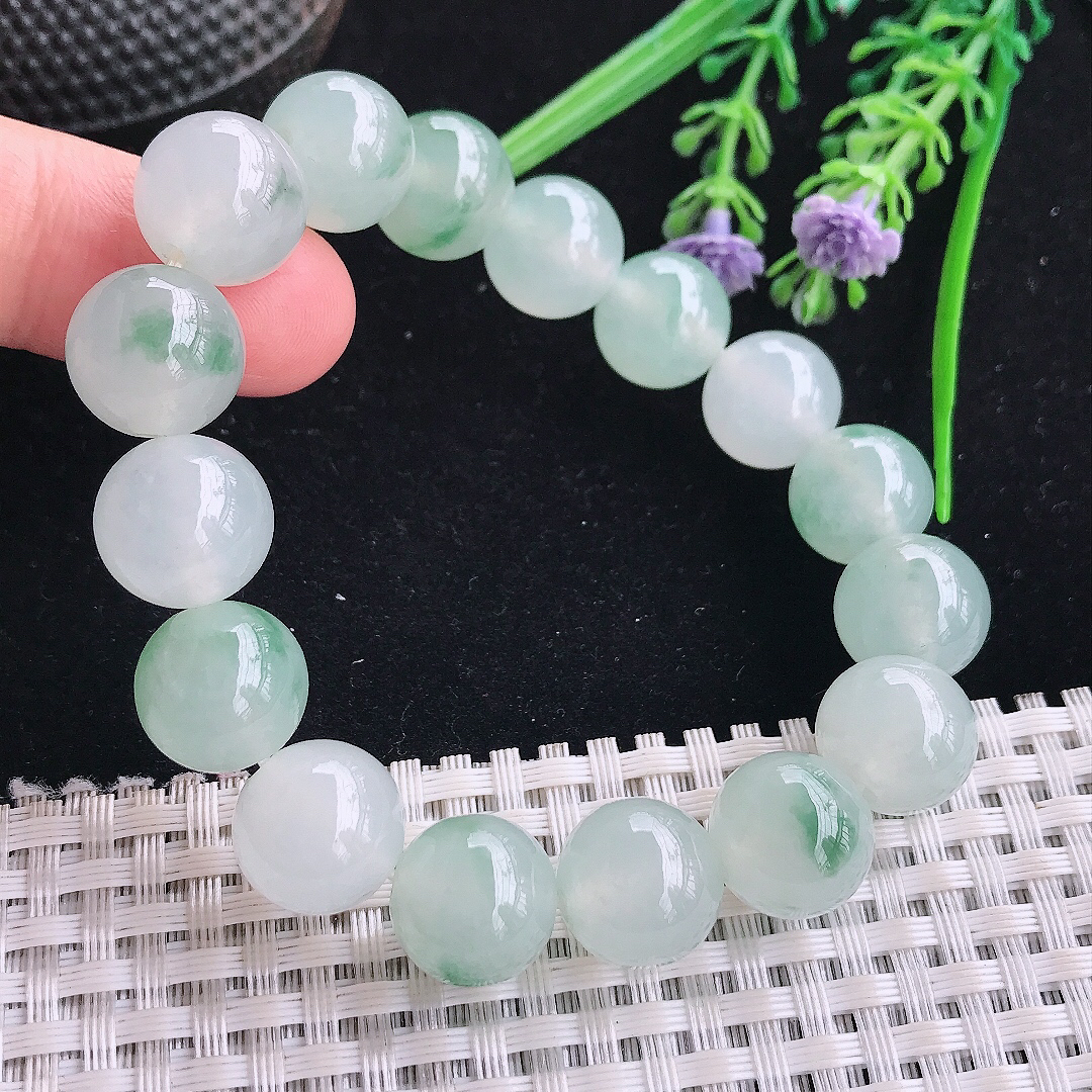 实拍A货翡翠12.8/16颗老坑冰胶果冻冰飘花圆珠手链吊坠翡翠玉珠珠链
