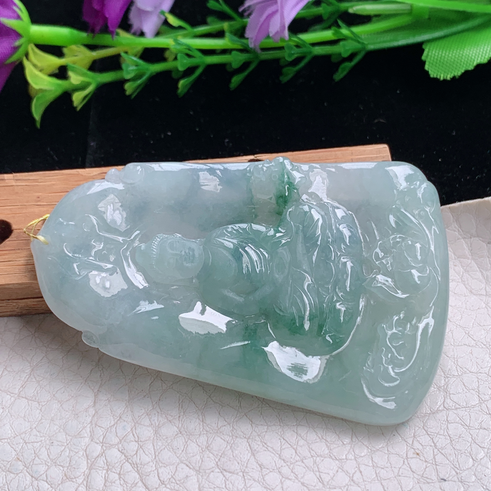 Xj实拍68.8*44.5*5.6天然缅甸翡翠a货飘花大日如来吊坠 生肖守护神玉坠