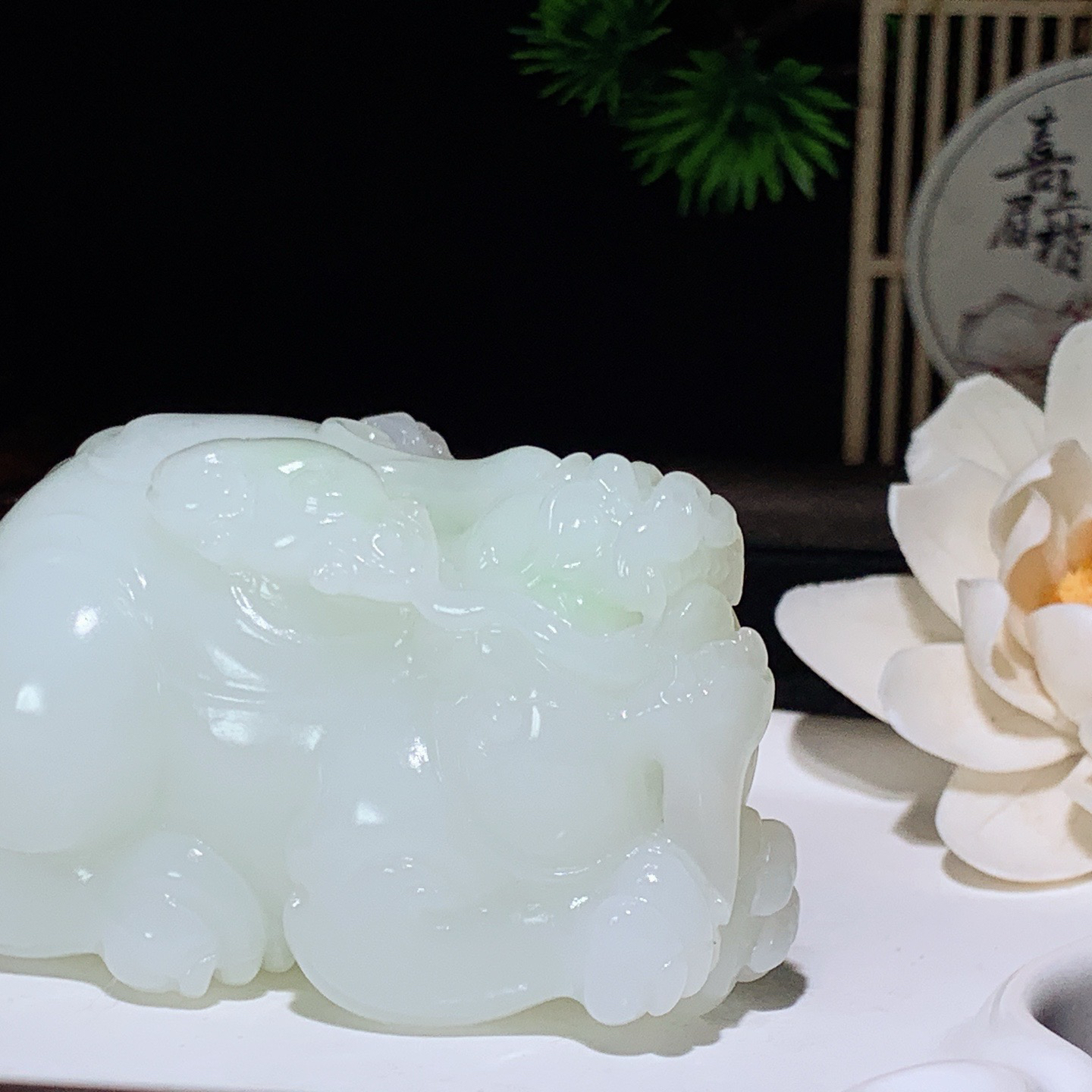 新疆和田玉羊脂白翠青招财进宝携子上朝貔貅把件 尺寸74/52/43重254
.5克。玉质细腻油润。手