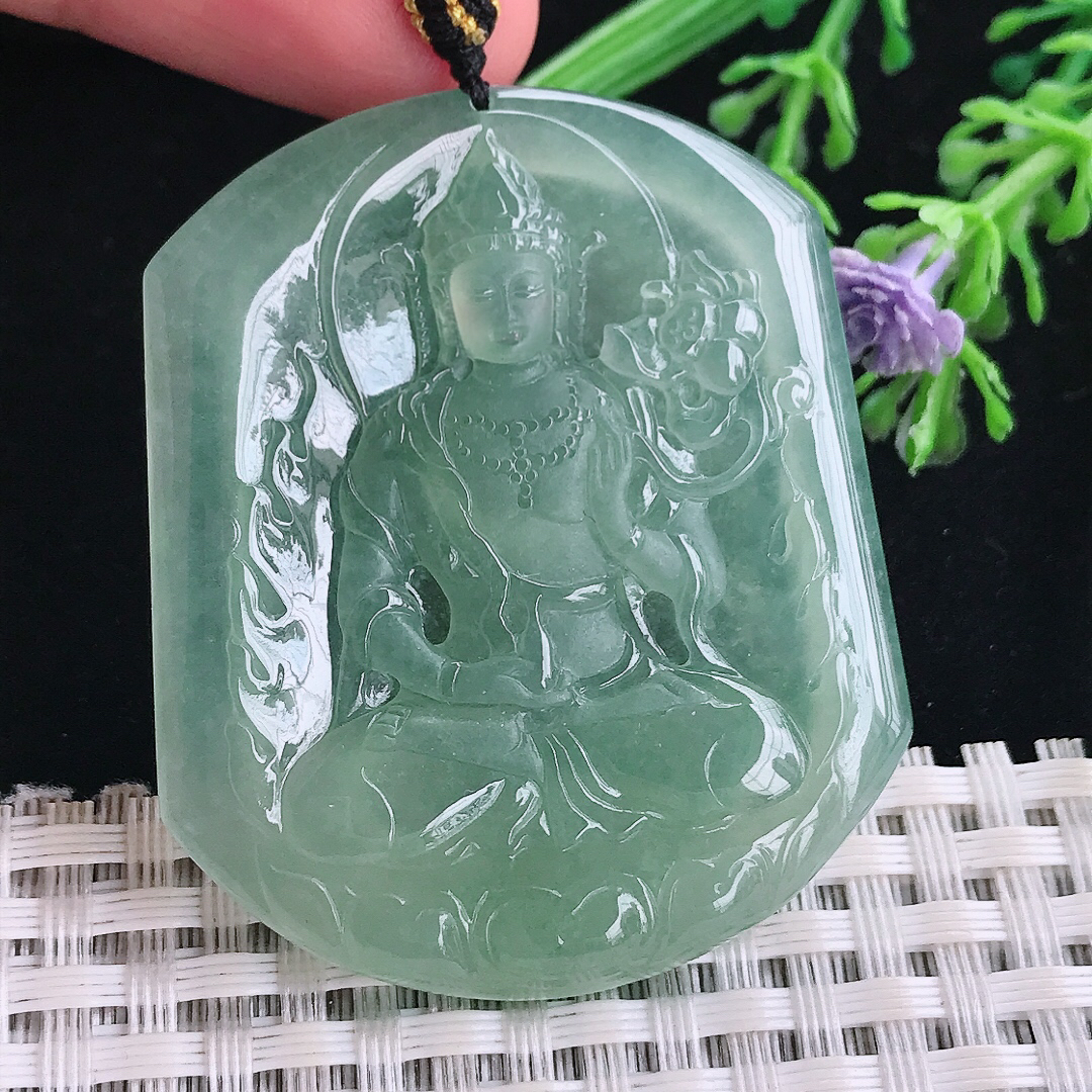 实拍A货翡翠50/42.5/5.5老坑冰种果冻胶冰晴满甜绿持莲观音吊坠大势至菩萨挂件