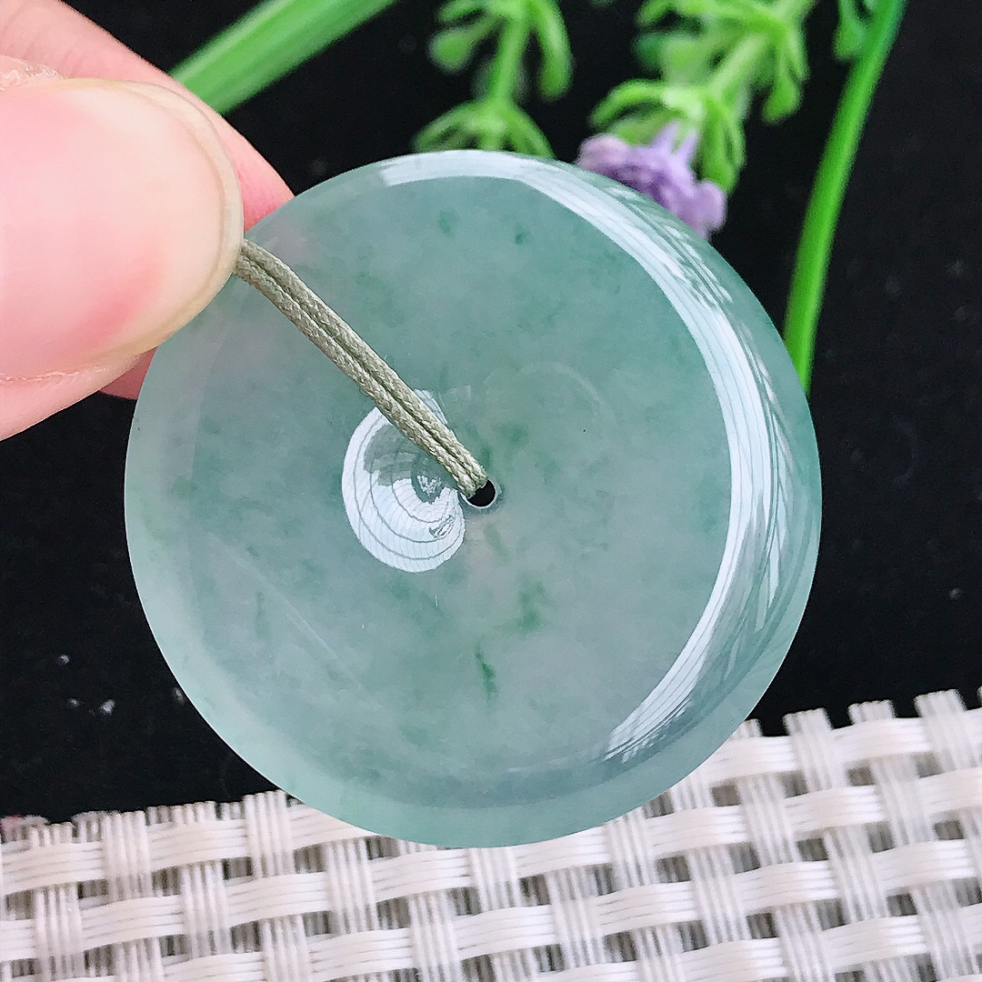 实拍A货翡翠35/6老坑冰种果冻胶冰晴飘花平安扣吊坠