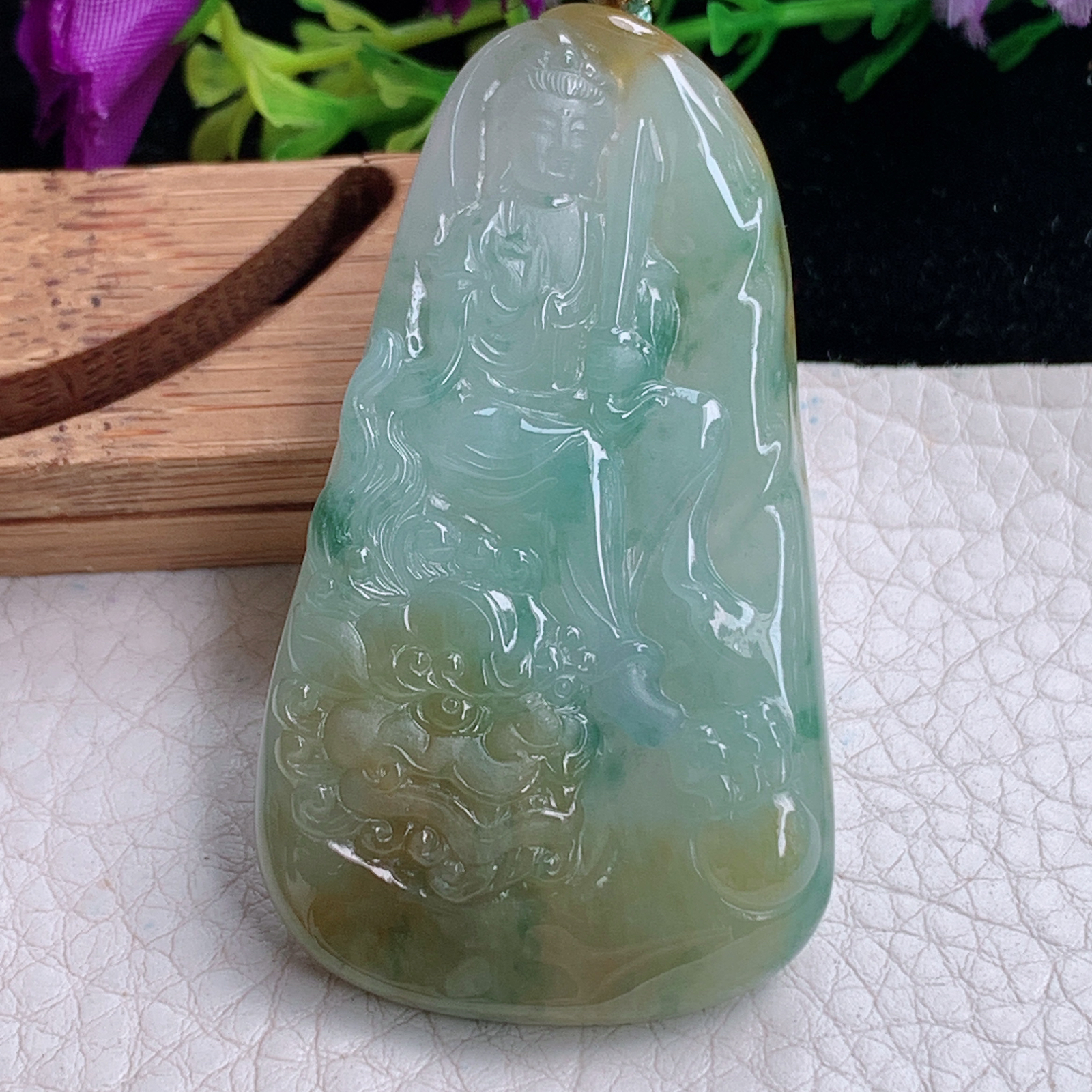 yn实拍54.2*31.2*7.5天然缅甸翡翠a货冰双彩文殊菩萨玉吊坠