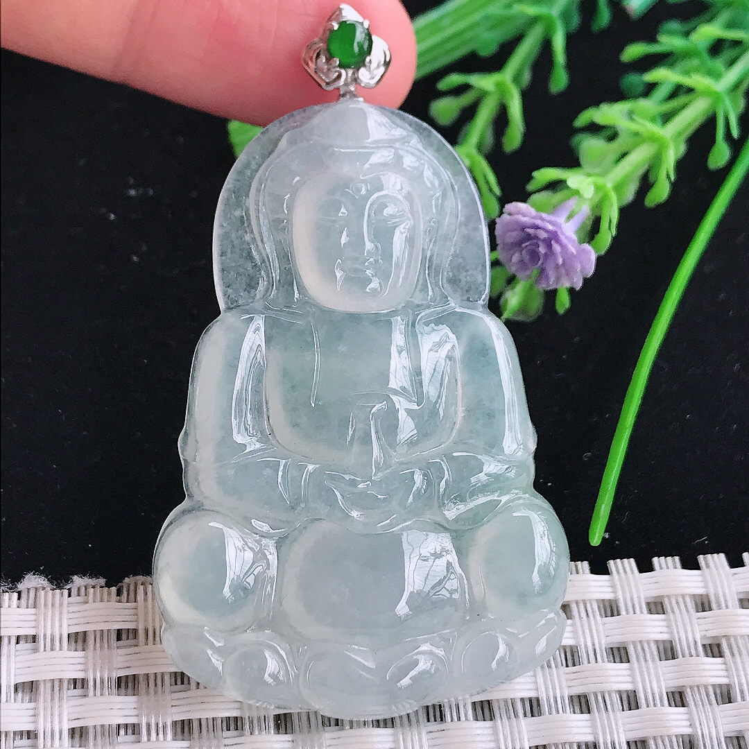 实拍A货翡翠51.5/35/5.8老坑18k金镶嵌冰种观音菩萨吊坠翡翠玉牌挂件