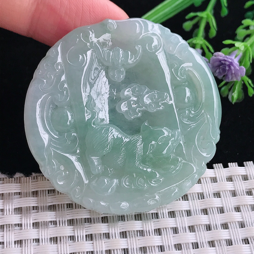 实拍A货翡翠48/48.8/5.5老坑冰胶水灵冰晴招财猪吊坠翡翠猪牌挂件