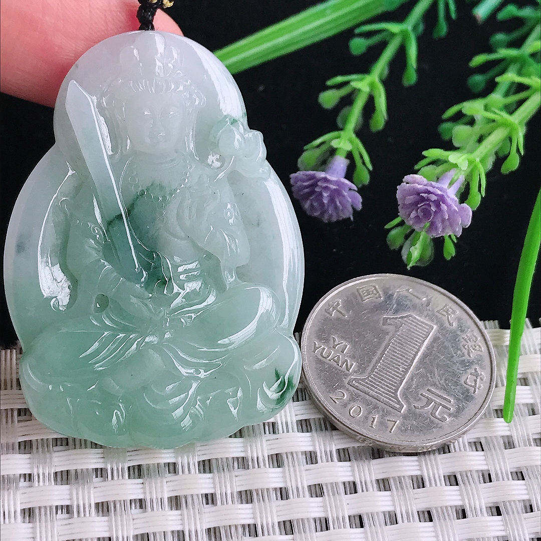 实拍A货翡翠49/35.2/5.6老坑冰润起胶飘花虚空藏菩萨吊坠翡翠玉牌挂件