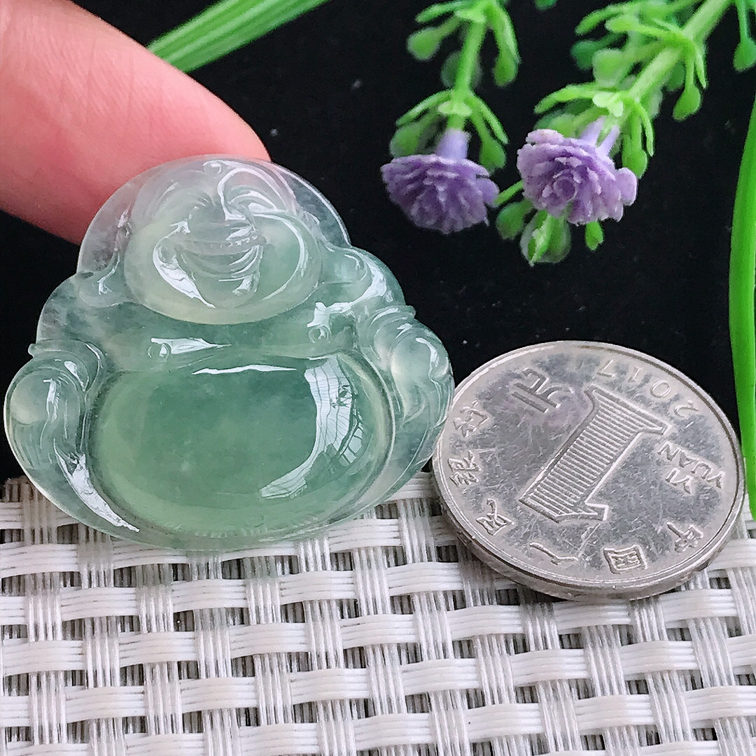 实拍A货翡翠31/35/6老坑冰种起胶冰晴绿佛公吊坠翡翠玉佛挂件