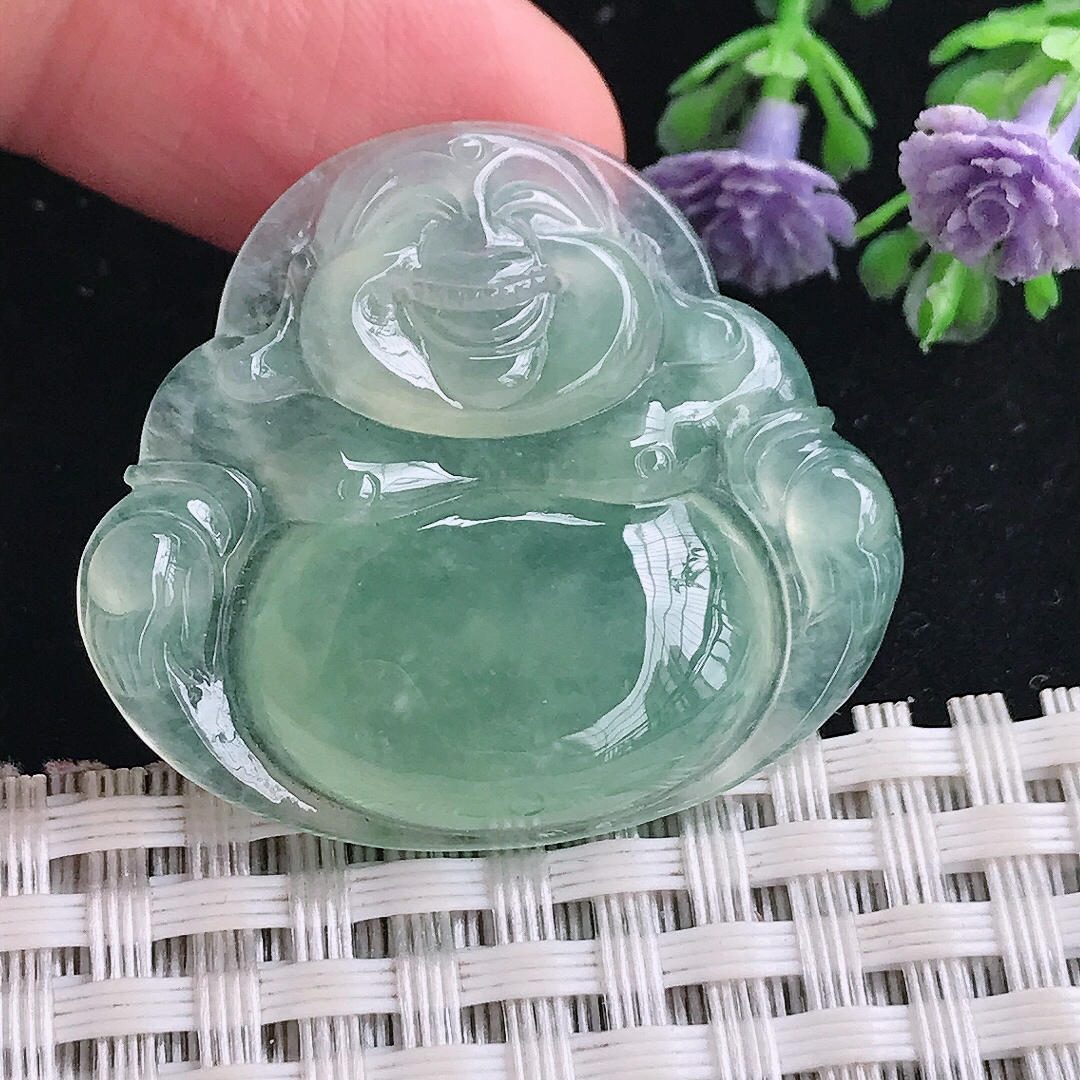 实拍A货翡翠31/35/6老坑冰种起胶冰晴绿佛公吊坠翡翠玉佛挂件