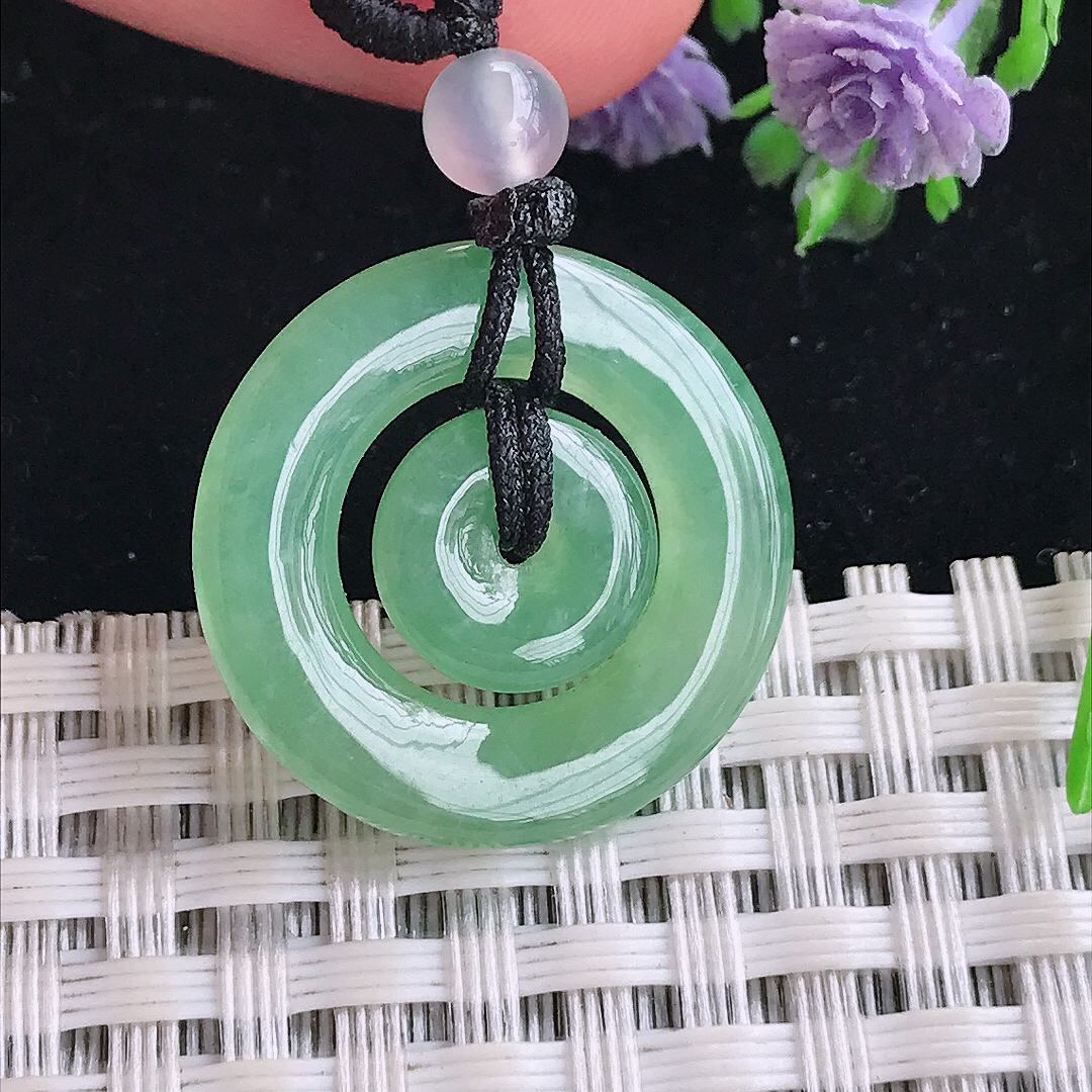 实拍A货翡翠22.5/3.2老坑冰胶水灵满甜绿母子扣吊坠翡翠平安扣挂件