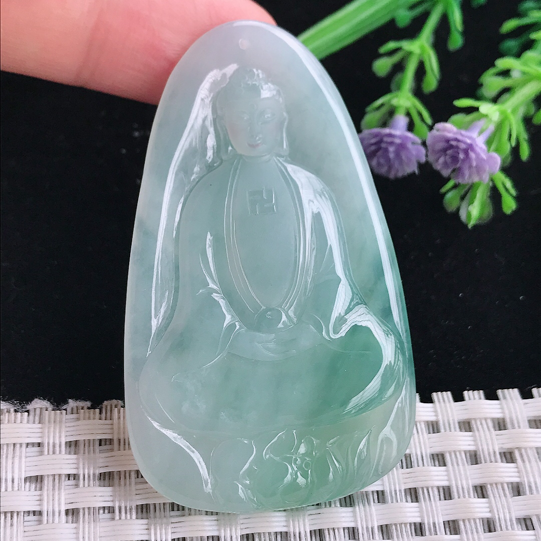 实拍A货翡翠57.8/35.5/5.3老坑冰胶果冻冰晴素衣观音吊坠翡翠玉牌挂件