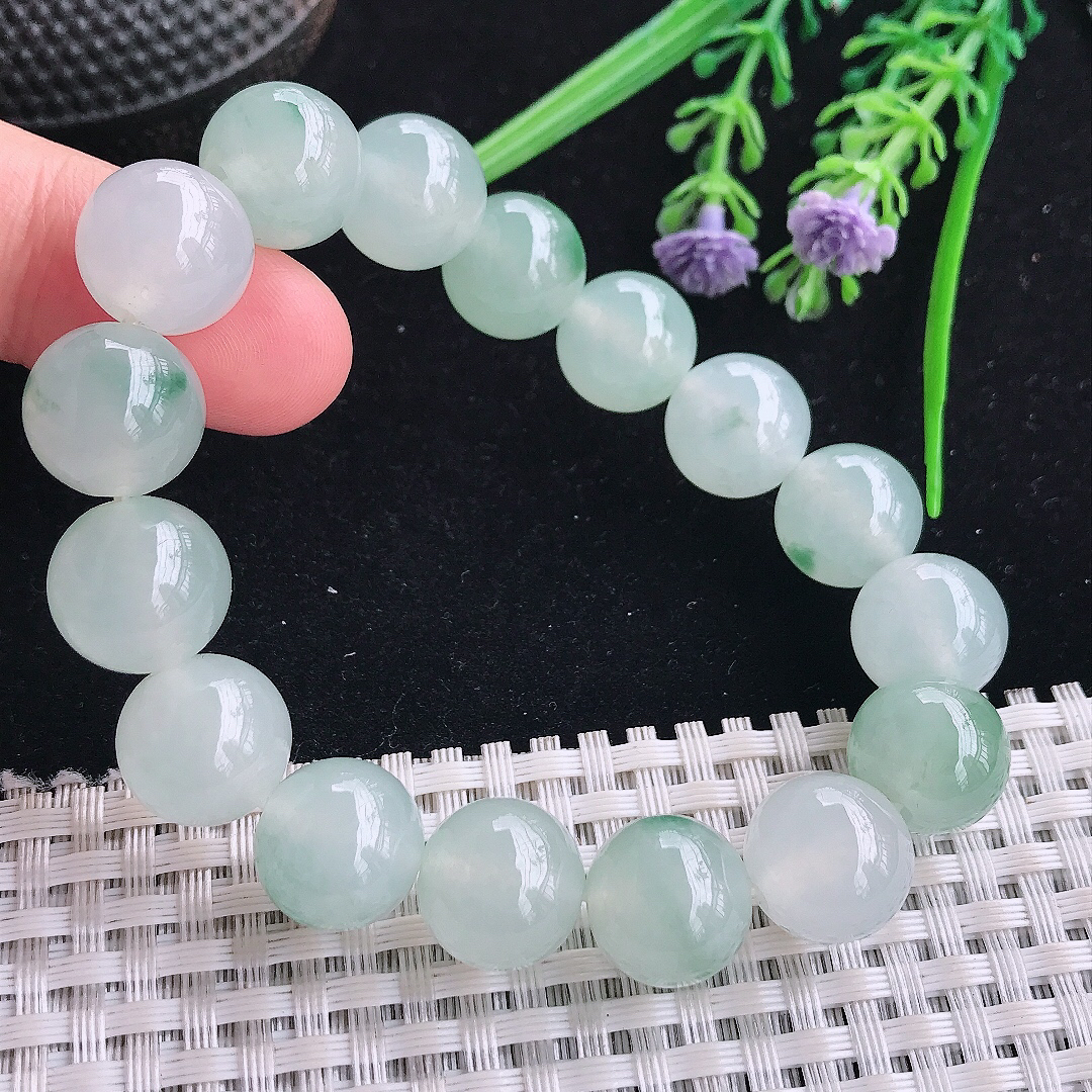 实拍A货翡翠12.8/16颗老坑冰胶果冻冰飘花圆珠手链吊坠翡翠玉珠珠链