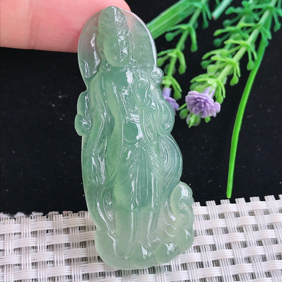 实拍A货翡翠64.8/26.6/6老坑冰种冰晴满甜绿赐福观音吊坠翡翠玉观音挂件