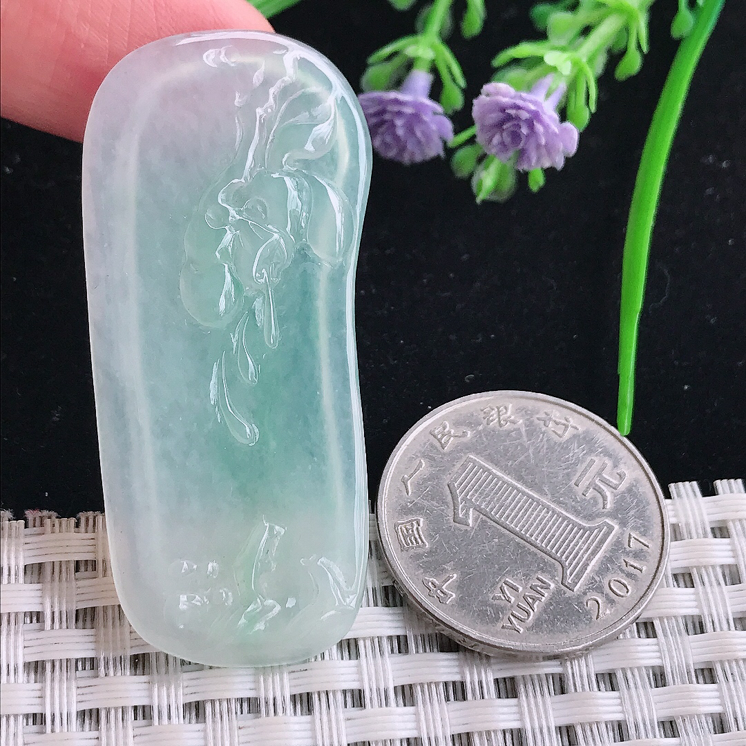 实拍A货翡翠51/23/4.3老坑冰透果冻胶冰晴花开见佛吊坠翡翠玉牌挂件