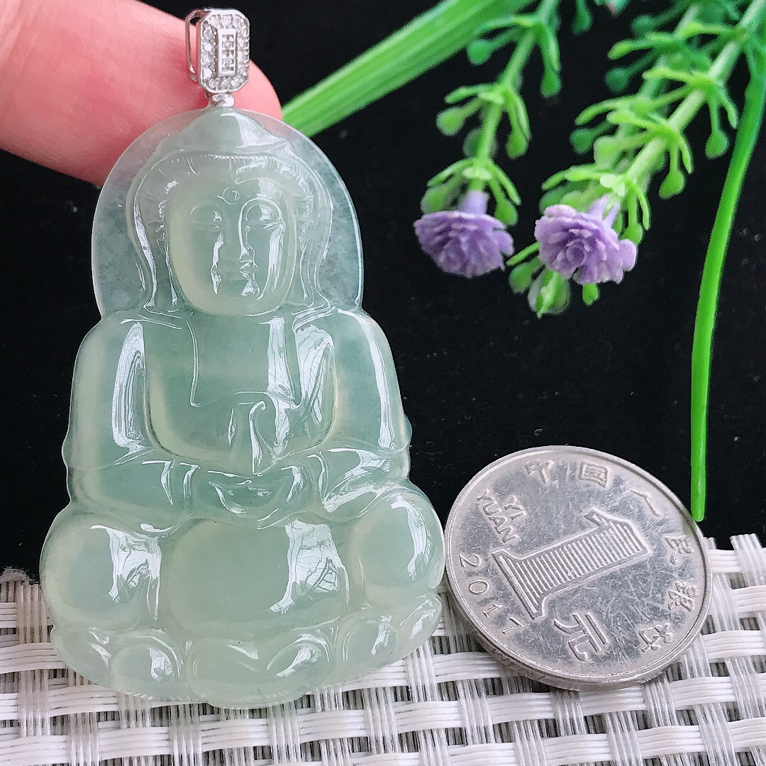 实拍A货翡翠52/34.8/5.3老坑18k金镶嵌冰胶冰晴绿正装观音吊坠翡翠玉观音