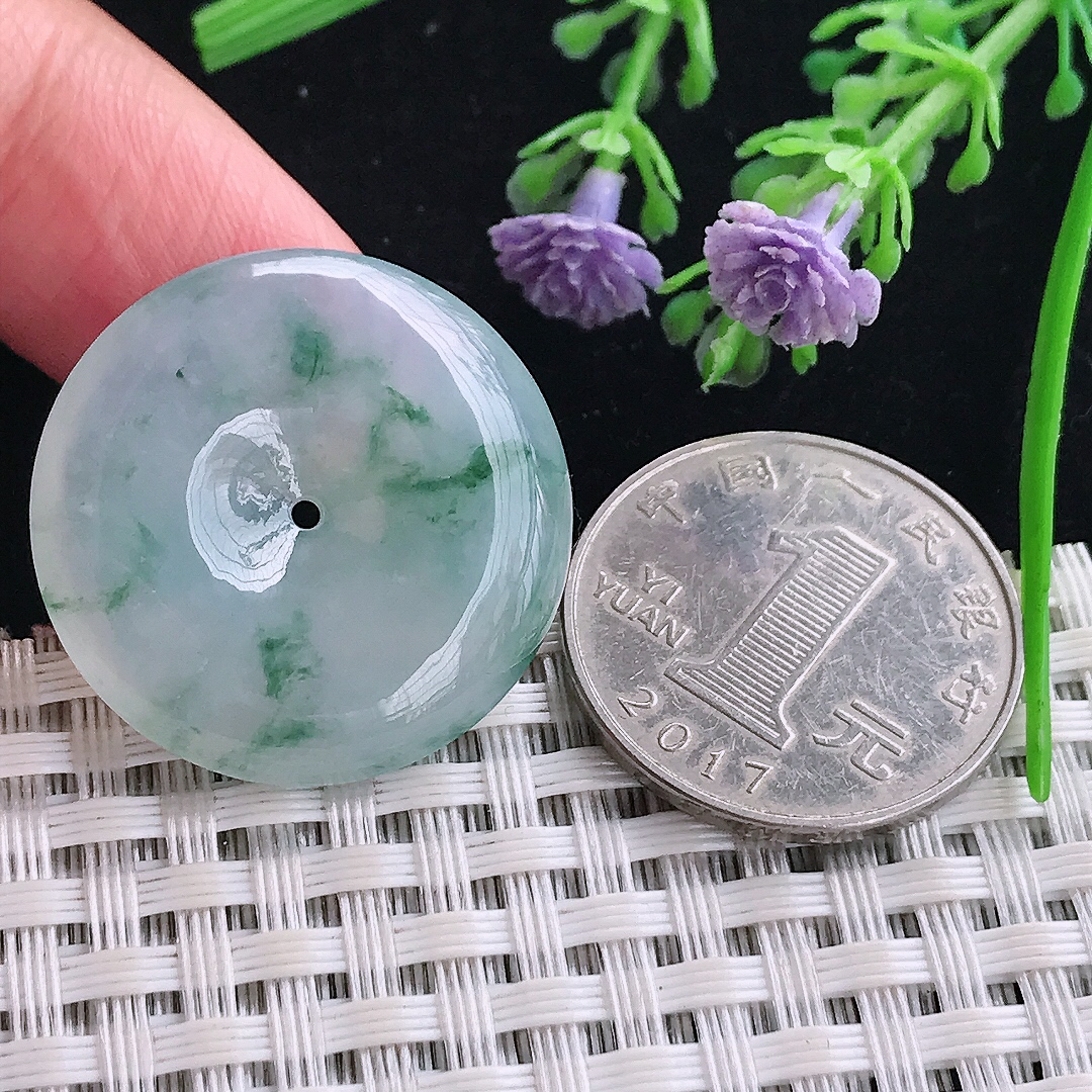 实拍A货翡翠27.8/5.8老坑冰胶果冻飘花平安扣吊坠翡翠玉扣挂件