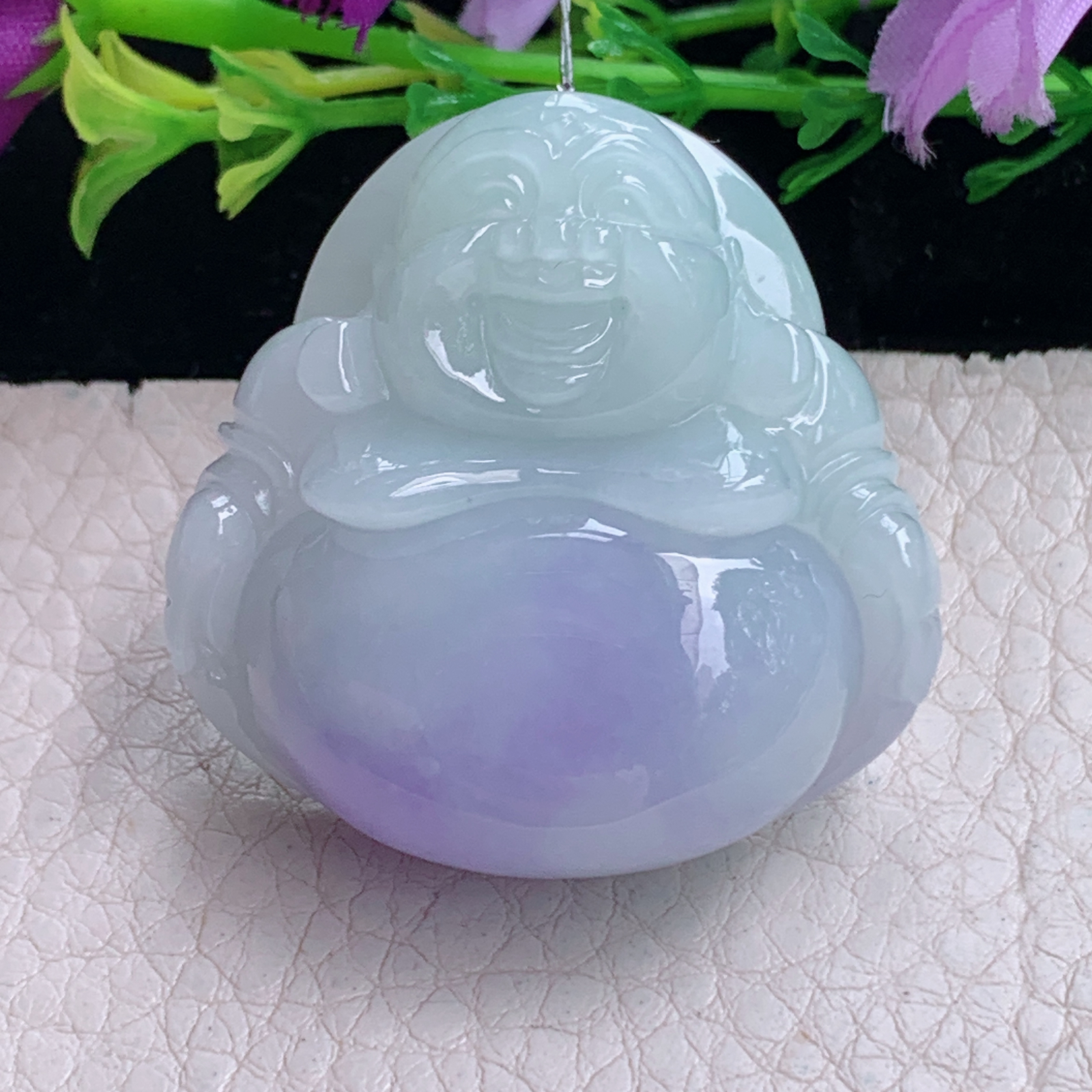 Xqa实拍39*39.3*13.5天然缅甸翡翠a货胶感春带彩佛公 弥勒佛玉吊坠