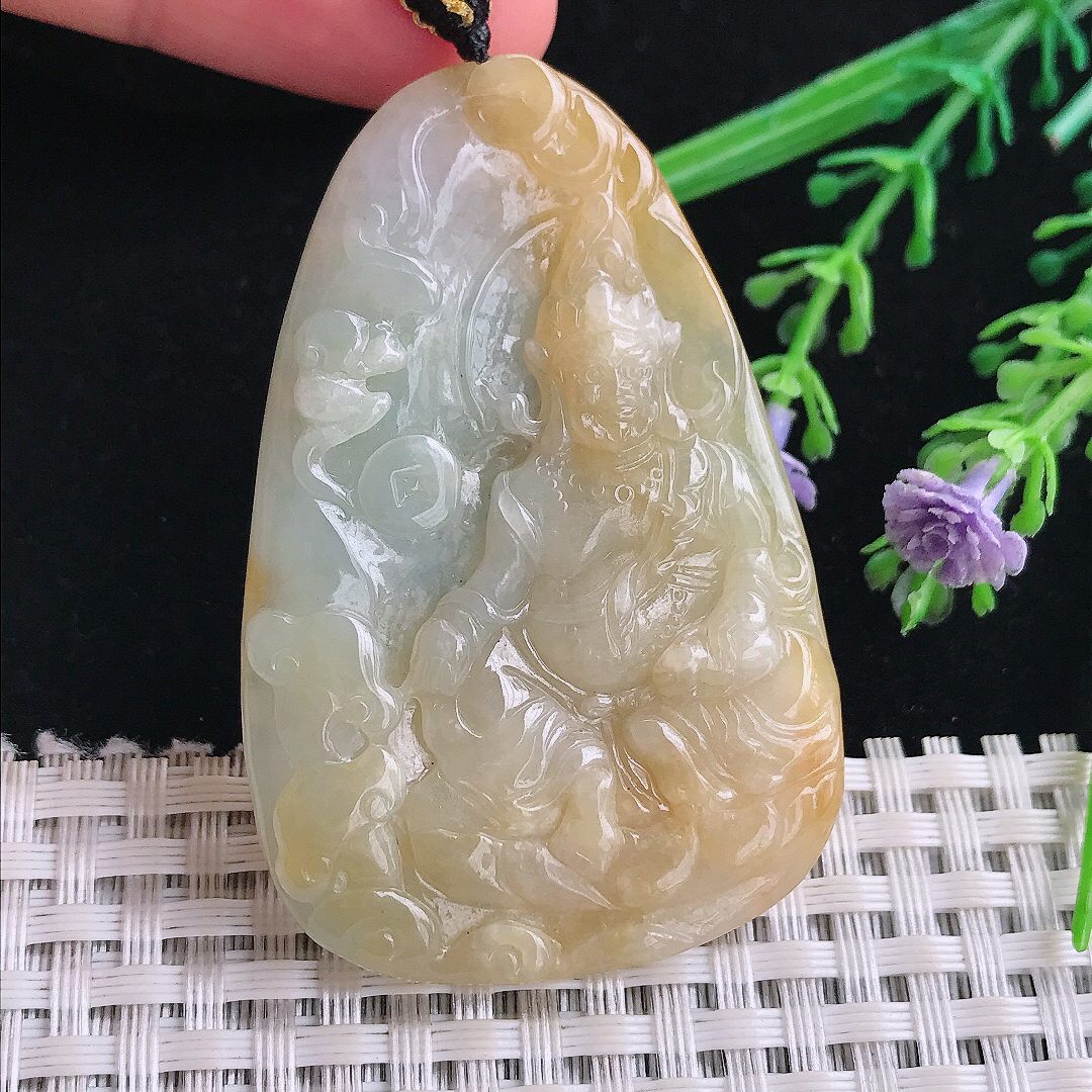 实拍A货翡翠56.3/37.6/5.2老坑精美冰润黄翡黄财神吊坠翡翠玉牌挂件