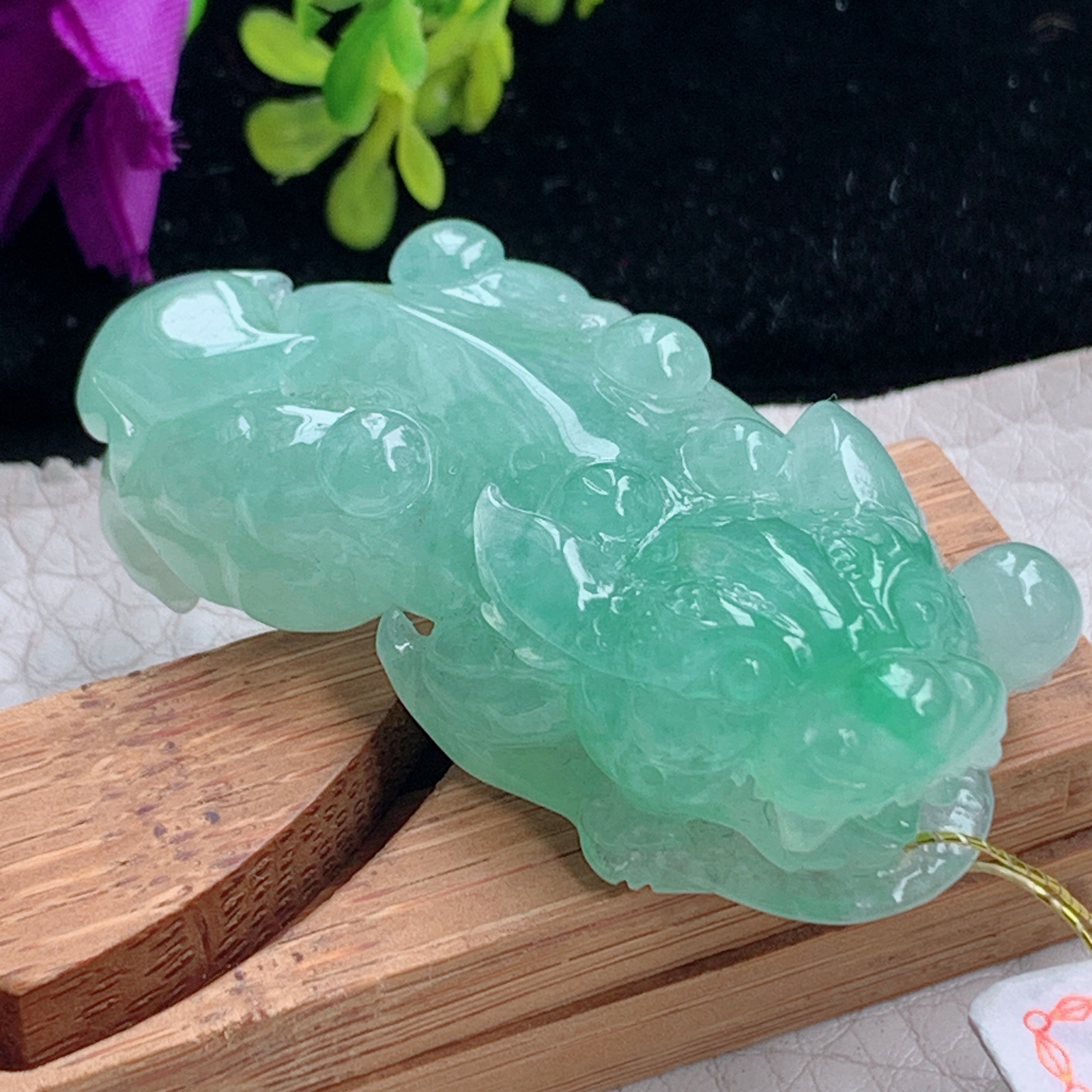 Xj实拍47.5*24*13天然缅甸翡翠a货胶满绿招财貔貅吊坠 精雕皮休瑞兽玉坠